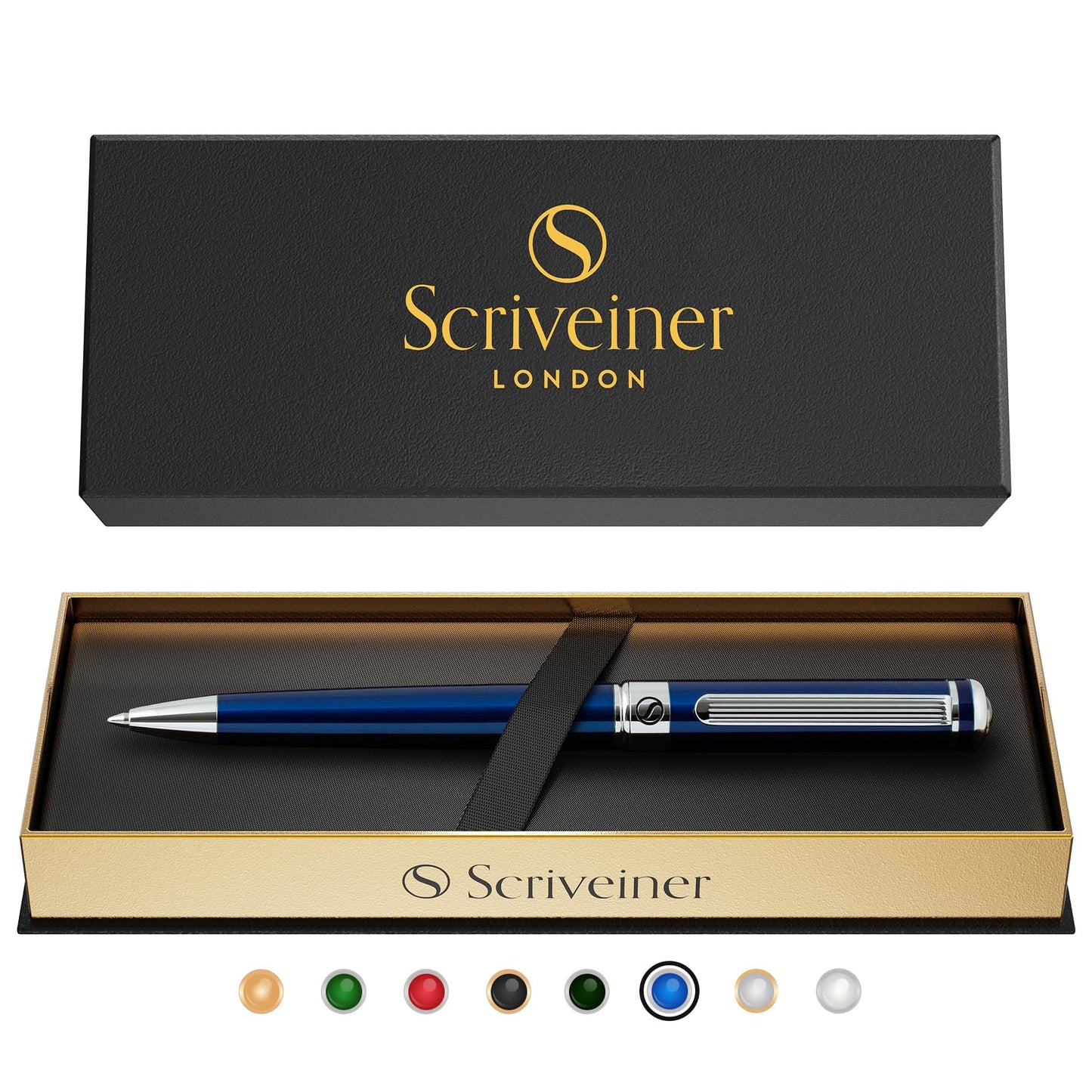 Scriveiner Midnight Blue Ballpoint Pen - Stunning Blue Lacquer Luxury Pen, Chrome Finish, Schmidt Black Refill, Best Ball Pen Gift Set for Men & Women, Professional Executive Office, Nice Designer Pen
