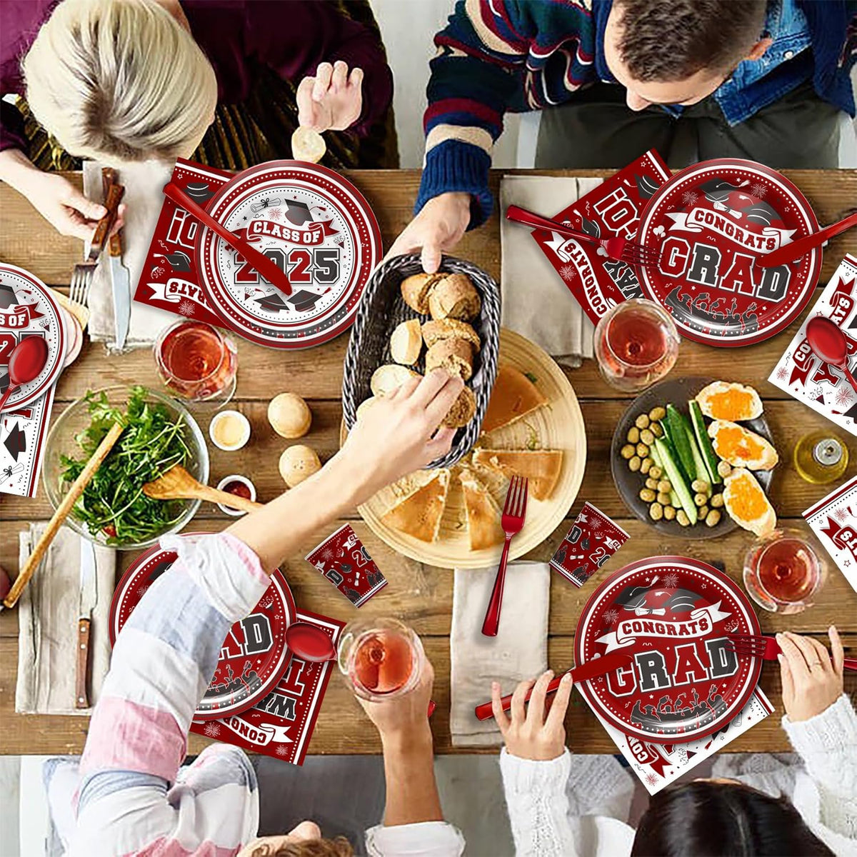 Graduation Decorations Class of 2025 - Graduation Party Supplies 2025 Include Plates, Cups, Napkins, Cutlery, 24 Guests (Maroon)