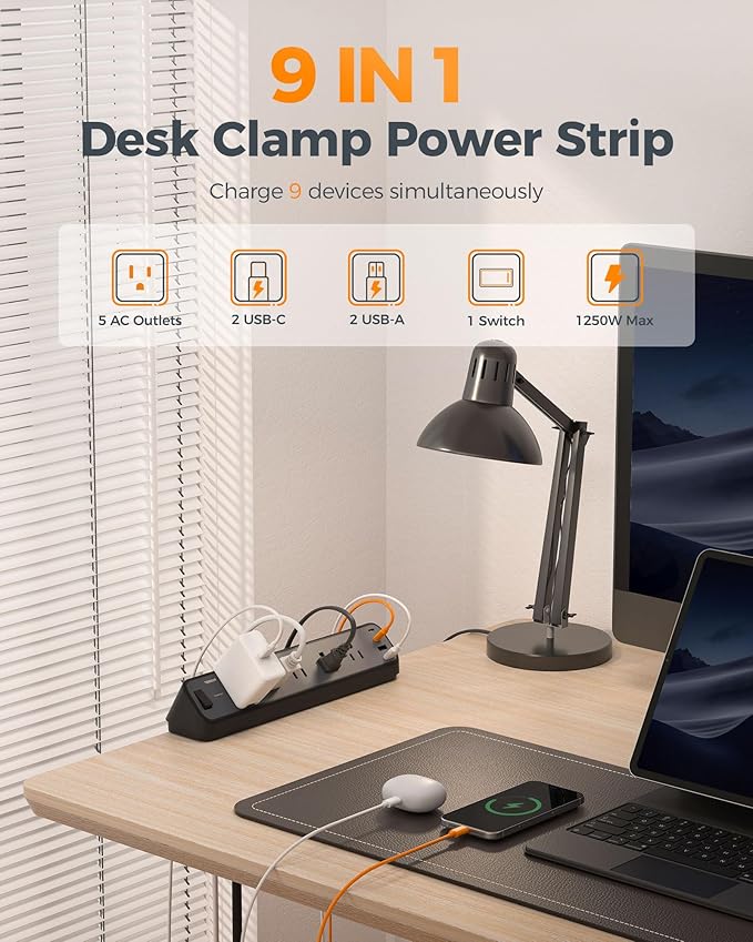 Desk Clamp Power Strip Black, TESSAN 6 Ft Flat Plug Extension Cord with Multiple Outlets, 5 Outlets with 4 USB (2 USB C), 2100J Surge Protector Power Strip, Office Home Dorm Gaming Room Essentials