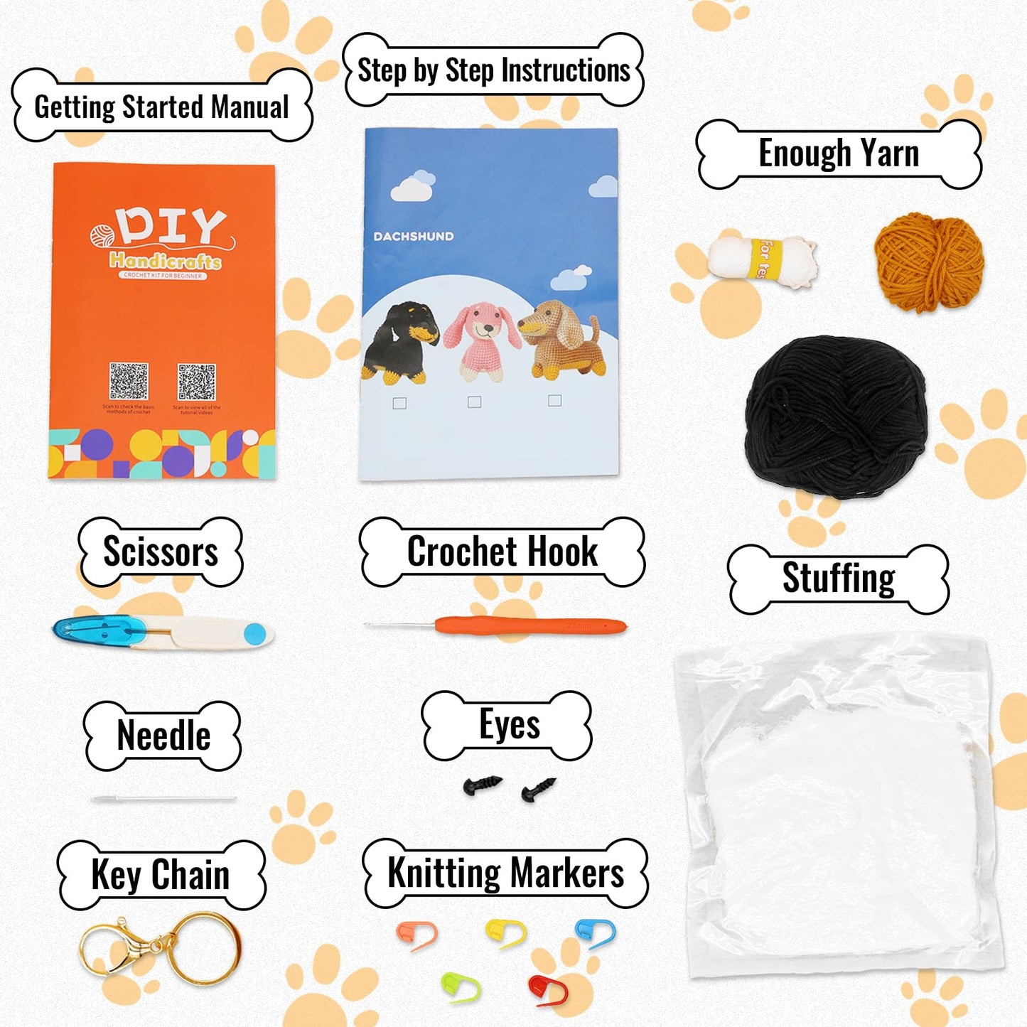 Nikolle Crochet Kit for Beginners with Step-by-Step Video Tutorials Crochet Animal Kit Crochet Starter Kits for Adults Kids - Dachshund(Black)