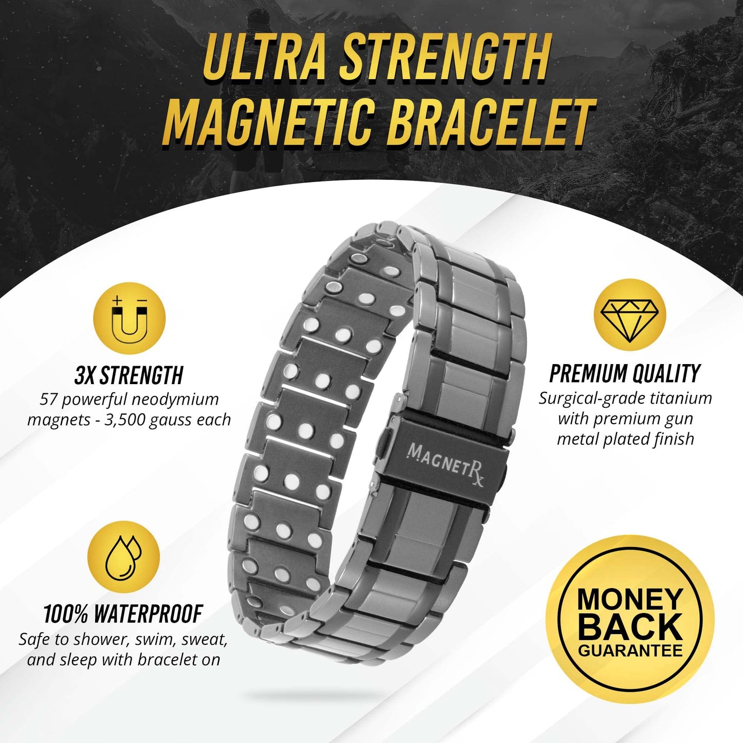 MagnetRX 3X Strength Magnetic Bracelets for Men – Titanium & Pure Copper Magnetic Bracelets for Men – Premium Fold–Over Clasp & Adjustable Length with Sizing Tool