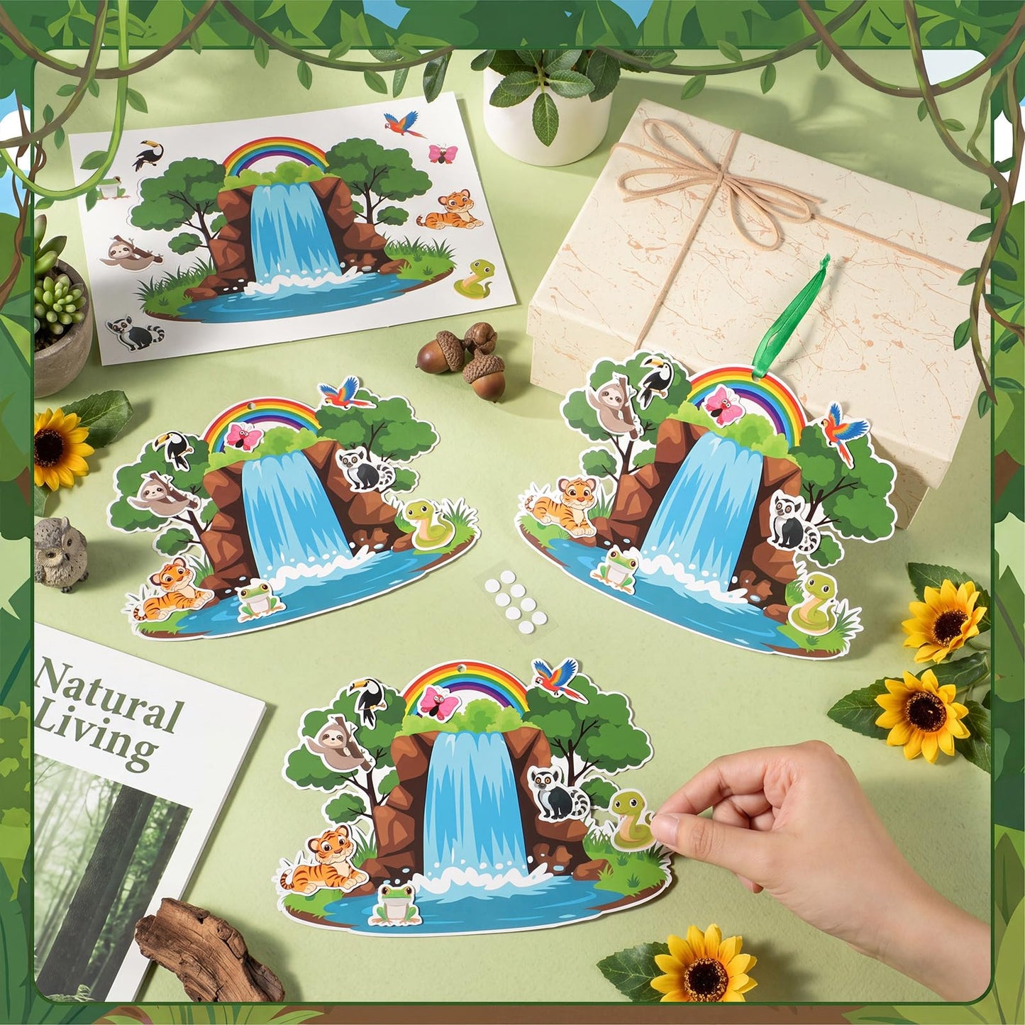 MotiMind 96 Pack Rainforest Fall Animal Craft Kits for Vbs 7.87 Inch Jungle Waterfall Rainbow Scene with Animal Stickers Rainforest Falls Craft Set for Sunday School Church DIY Hanging Decoration