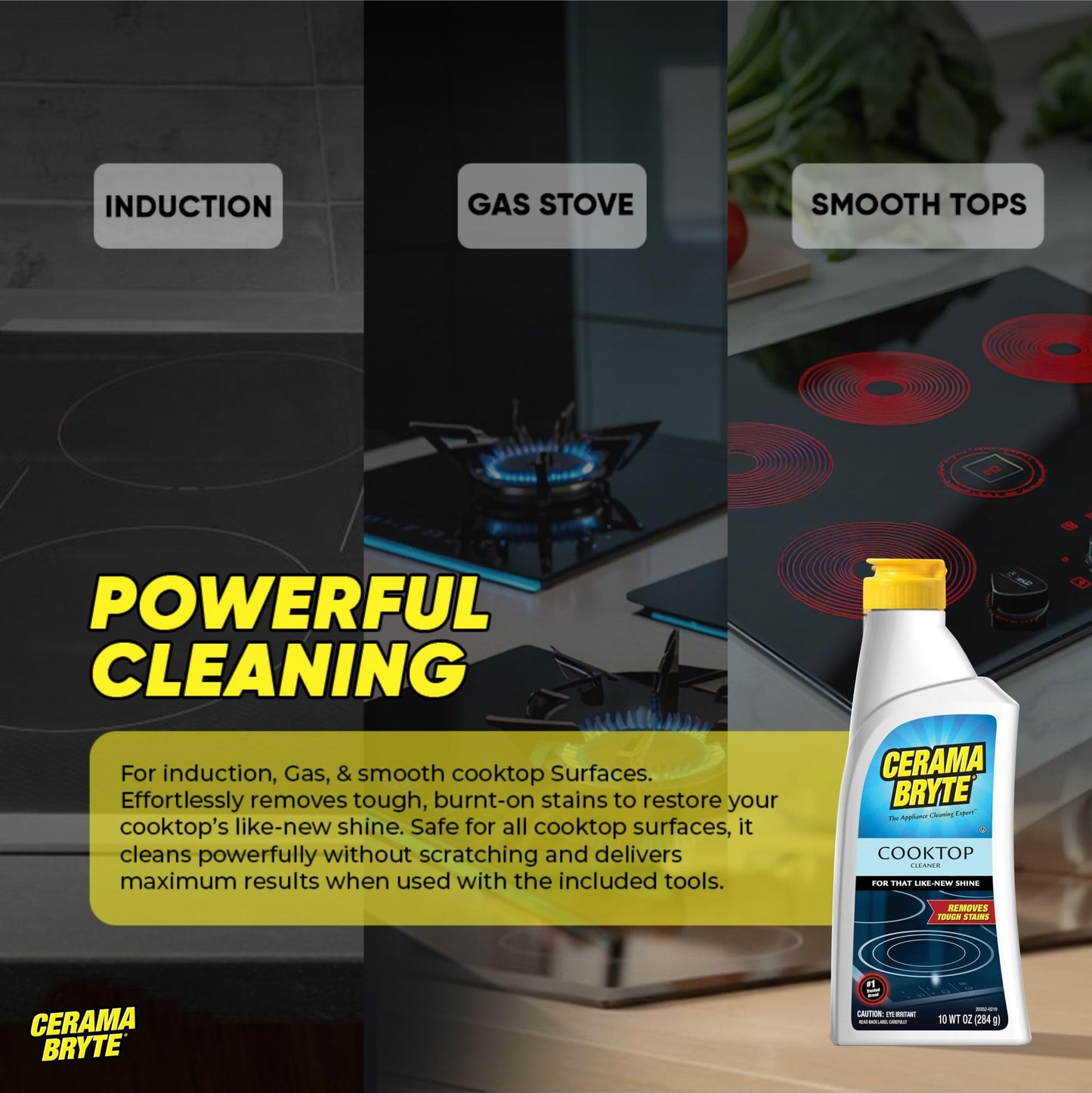 Cerama Bryte Glass Cooktop and Stove Top Cleaner Combo Kit - Includes Cleaning Tool, Razor, Scraper and 1 Pad to Remove Tough Stains - Use on Gas, Electric, Ceramic Surfaces, 18 Ounces, 4 Piece