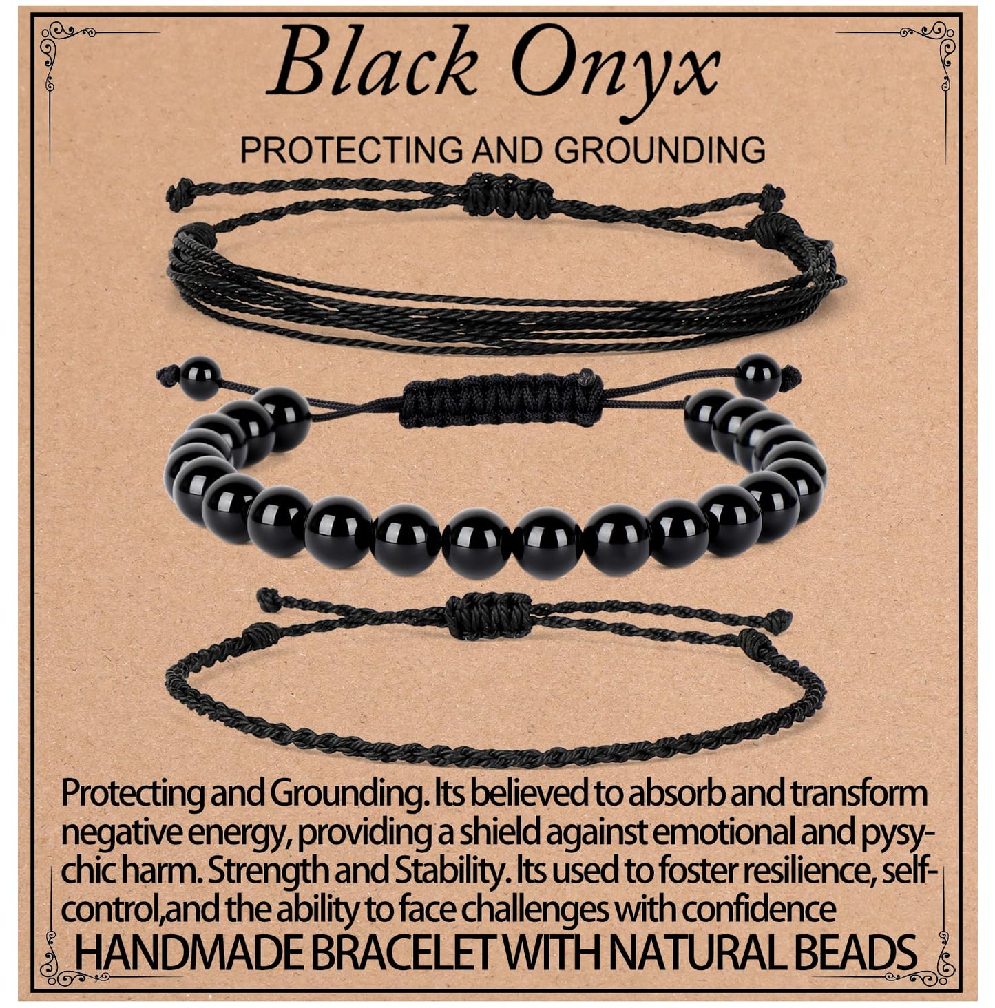 QOGIR Handmade Healing Bracelets,8mm Natural Black Onyx Gem Stone Beads Bracelet for Men Women Gifts with 2PCS Size Adjustable Rope Bracelets