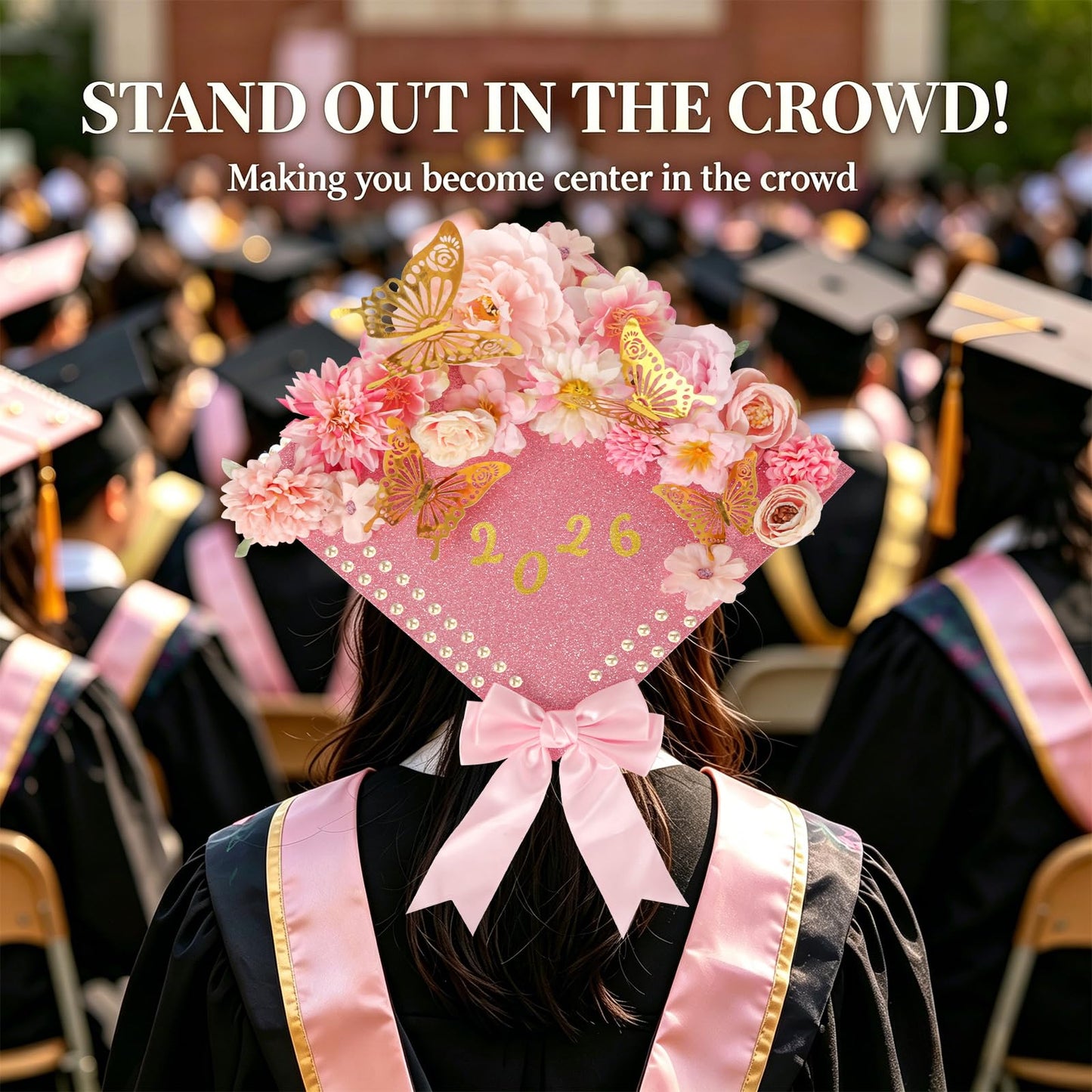 KOILLUXU DIY Graduation Cap Decoration Kit，Faux Flowers, 3D Butterflies, Pearls, Pink Bow, Grad Cap Topper, Letter Sheets & Adhesive Dots for Grad Party