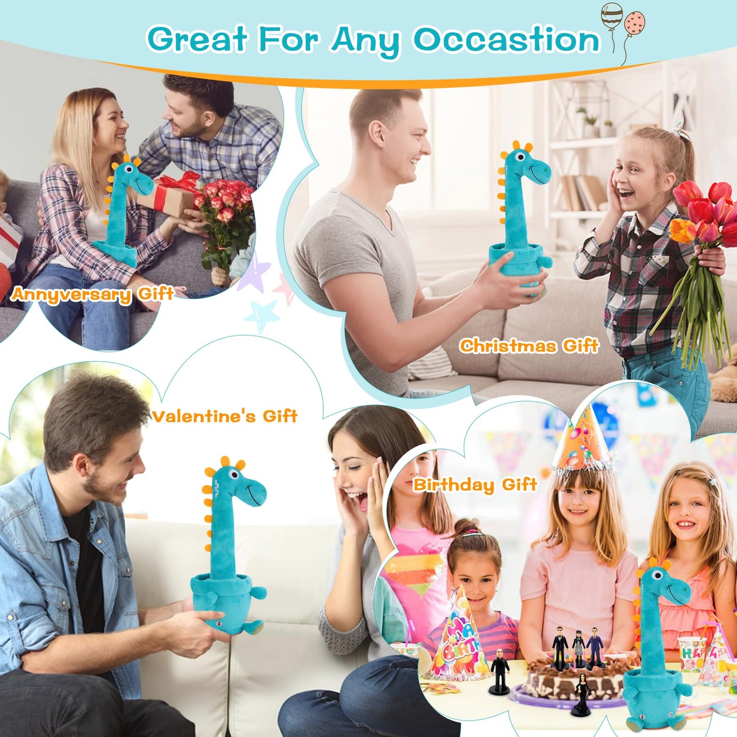 LLUKEME Dancing Talking Giraffe Toy, Stuffed Animal Baby Toy Repeating What You Say, Glowing Musical Electronic Giraffe Gifts for Toddlers 1-3 Years Old (Dancing Dinosaur)