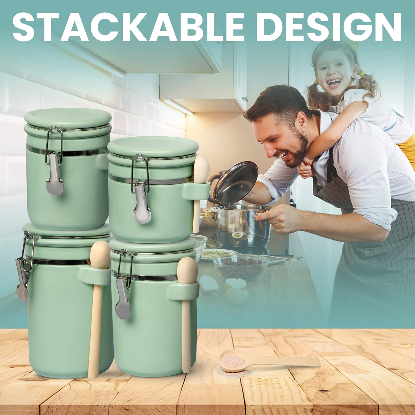 Home Intuition 4-Piece Ceramic Kitchen Canisters Set, Airtight Containers with Wooden Spoons Reusable Chalk Labels and Marker for Sugar, Coffee, Flour, Tea (Mint)