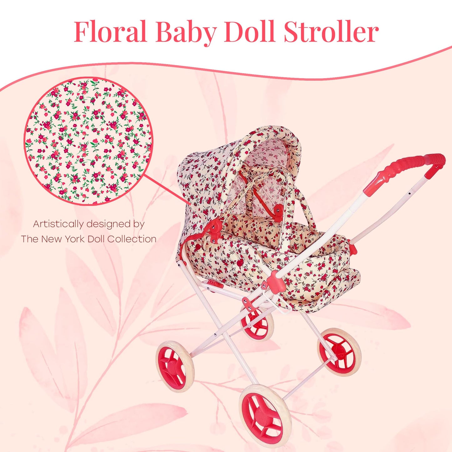 Baby Doll Stroller Play Set, 3-in-1 Babydoll Stroller with Removable Bassinet Baby Carriage for Dolls Toy Doll Stroller for Toddlers 3-4 Years, (Floral)