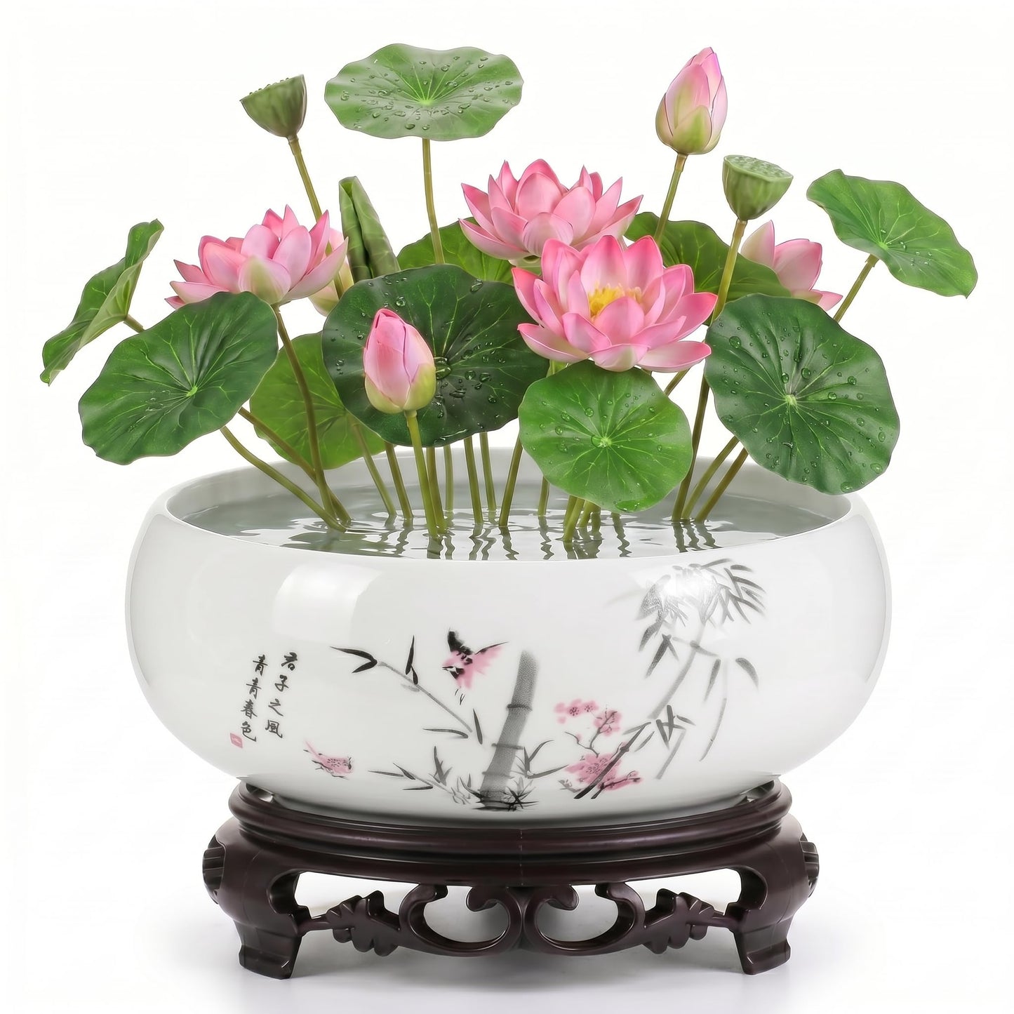 HEMOTON Lotus Bowl Planter, Chinese Style Ceramic Water Lily Pot with Ink Bamboo Pattern, No Drainage Hydroponic Vase for Indoor Plants, Decorative Fish Bowl with Plastic Base