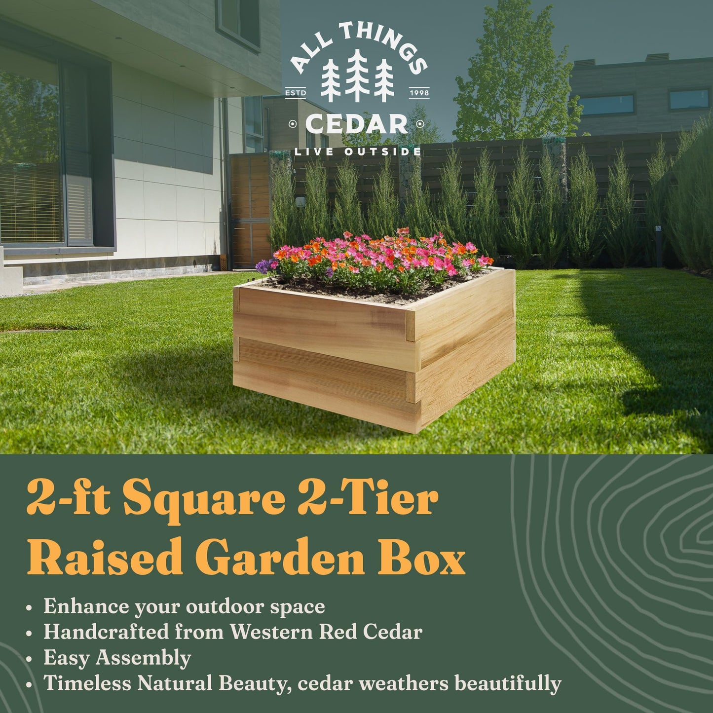All Things Cedar Raised Garden Box, 2' Square 2-Tier Planter Bed, Western Red Cedar Build