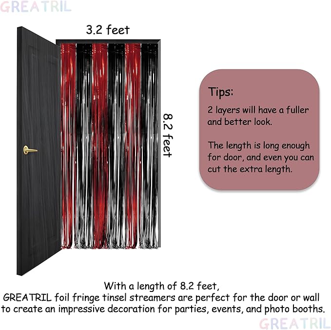 Black Red Party Streamers Backdrop - GREATRIL Foil Fringe Tinsel for Stranger/Friday Party/Halloween Party Decorations - 3.2ft X 8.2ft - 2 Packs
