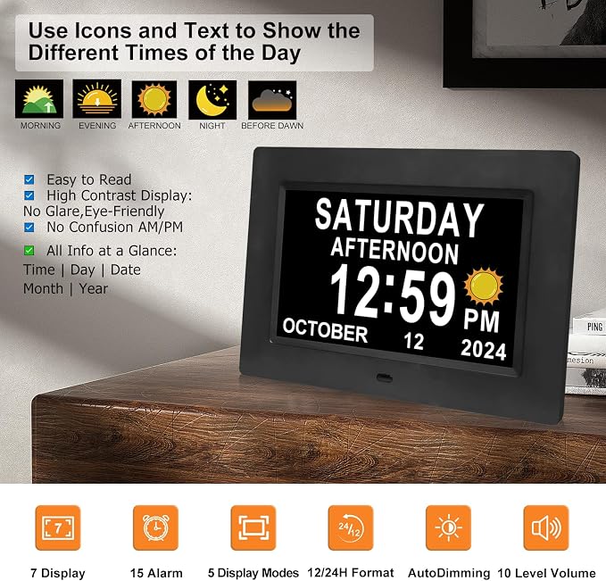 SSINI Digital Calendar Dementia Alarm Clock with Day and Date for Elderly - 15 Alarms 5 Colors Display Large Display Alzheimers Clock Large Digital Clock for Seniors (7in Black)