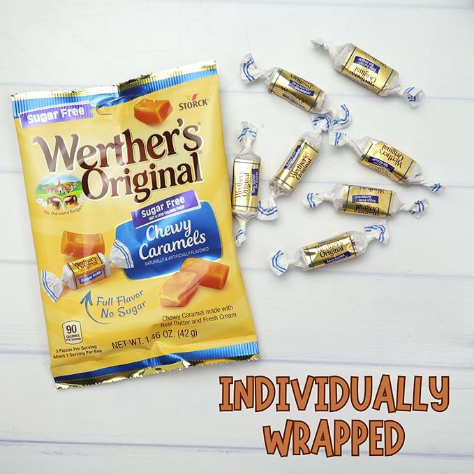 Werther's Sugar Free Chewy Caramels, Individually Wrapped Pieces, Candy Bowl Filler Treats, 1.46 Ounces (Pack of 4)