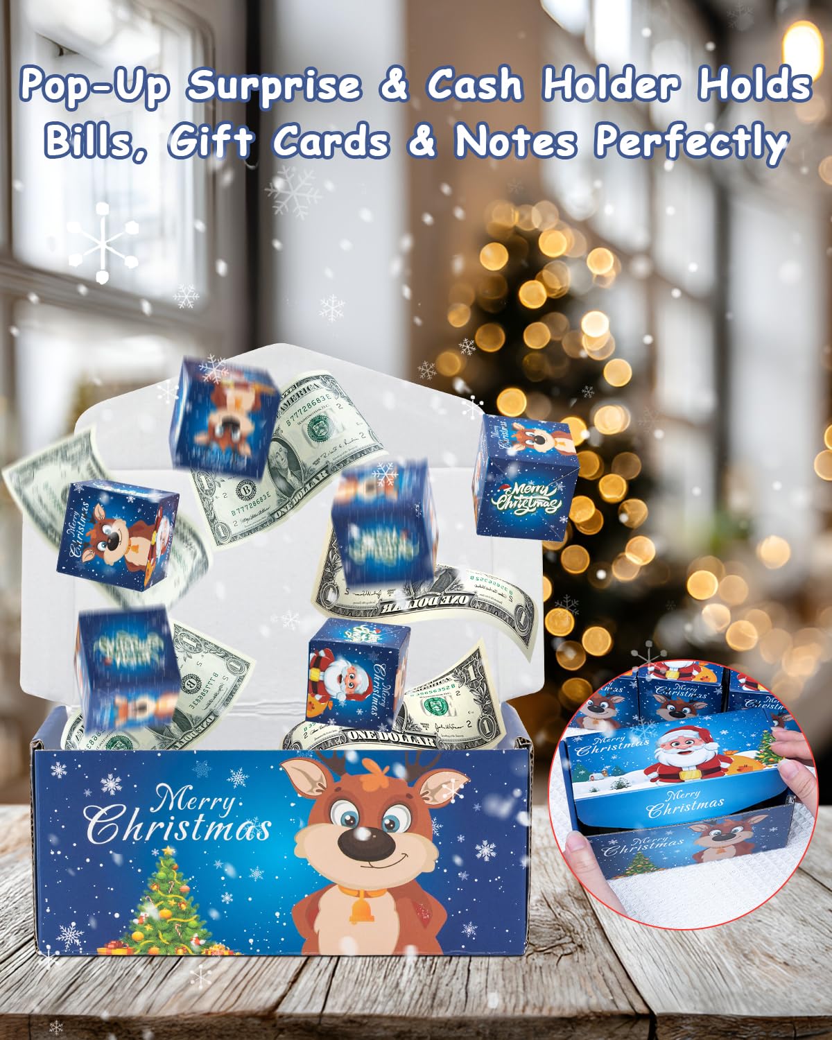ASSRECT Exploding Gift Box - Christmas Surprise Box Pop Up with 12 Money Holders, Reusable Party Gift Box for Cash, Gifts, Xmas, Birthday, Party Supplies (Blue)