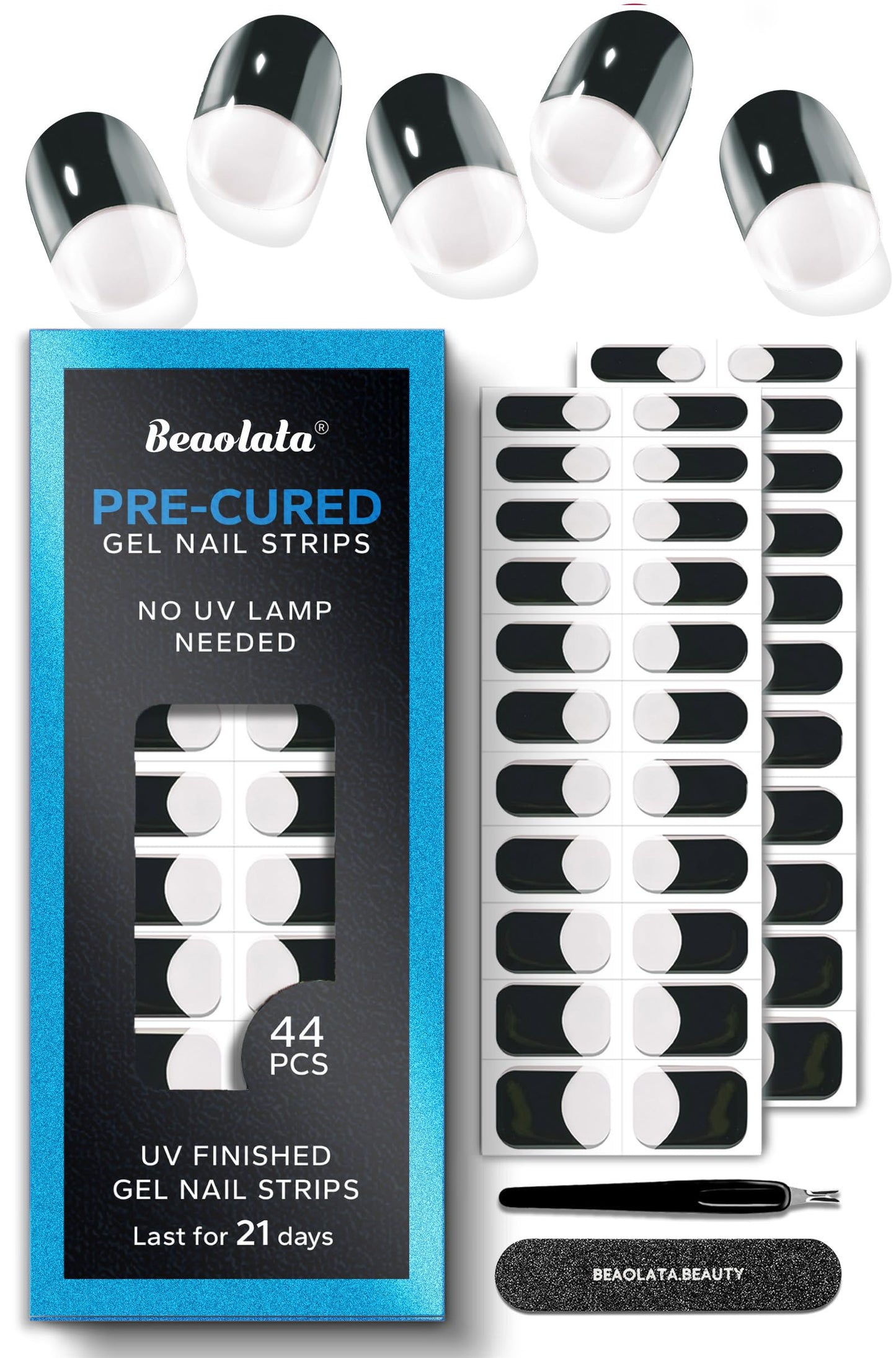 Beaolata Real Gel Nail Strips (No UV Light Needed) - 44Pcs Salon Quality Nail Stickers - Long Lasting Polish Wraps for Women, Easy Apply & Remove (Bold Outline)