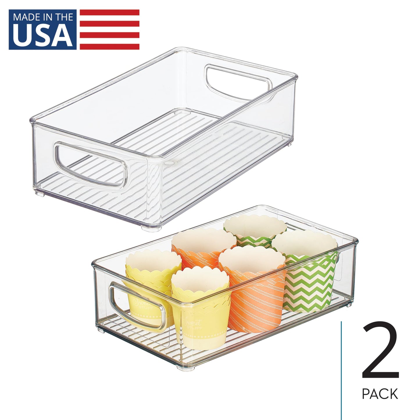 iDesign Stackable Pantry Bin with Handles for Kitchen Storage Set of 2, Clear, Made in USA