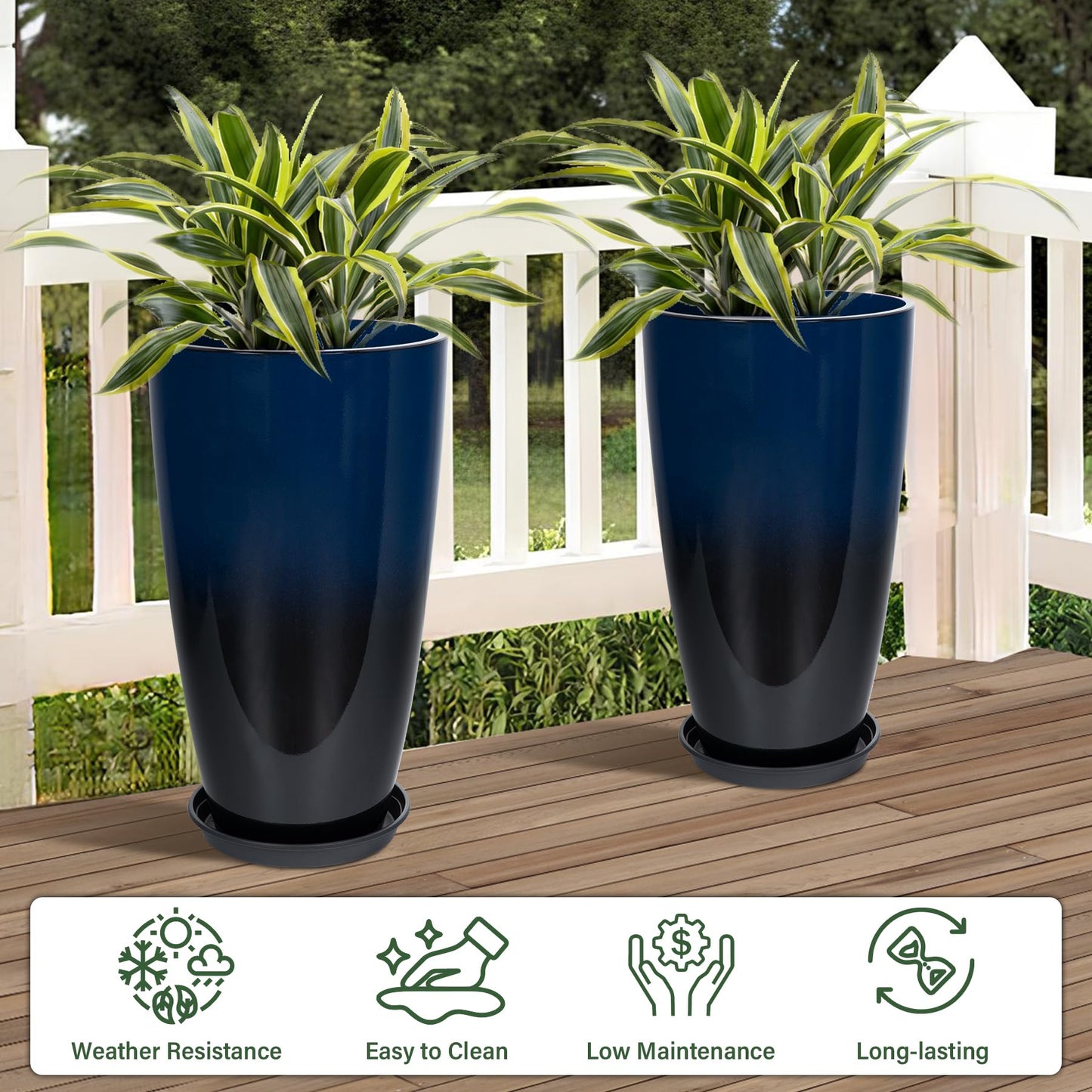 Neoaider Set of 2 Lightweight Ceramic-Look Tall Planter, 21 inch Large Plastic Planter with Drain Hole & Saucers, Large Outdoor Planters for Porch, Garden, Patio, Balcony(Dark Blue)