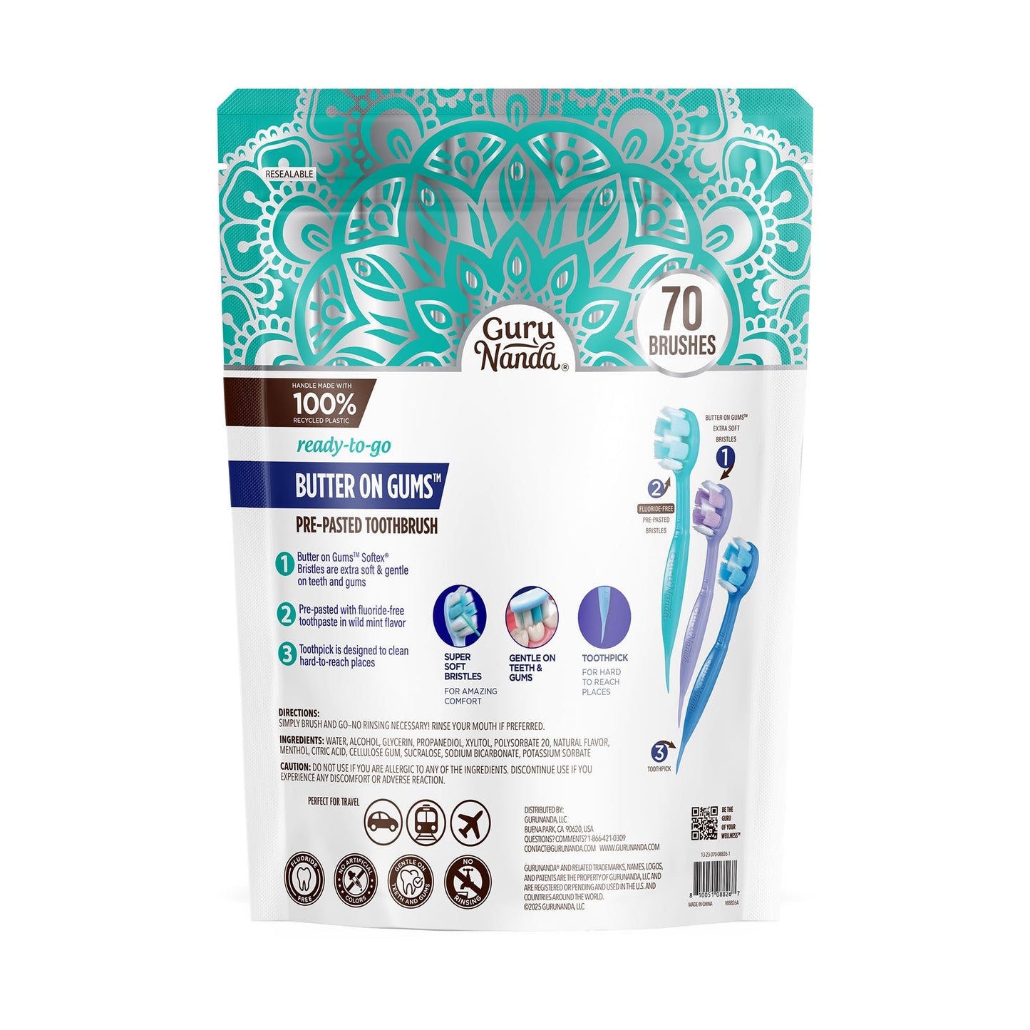 GuruNanda Ready-to-Go Disposable Mini Travel Toothbrush - Butter on Gums Softex Bristles, Prepasted Toothbrush & Toothpick - Fluoride-Free, No Rinsing Needed, Individually Wrapped, 70 Ct