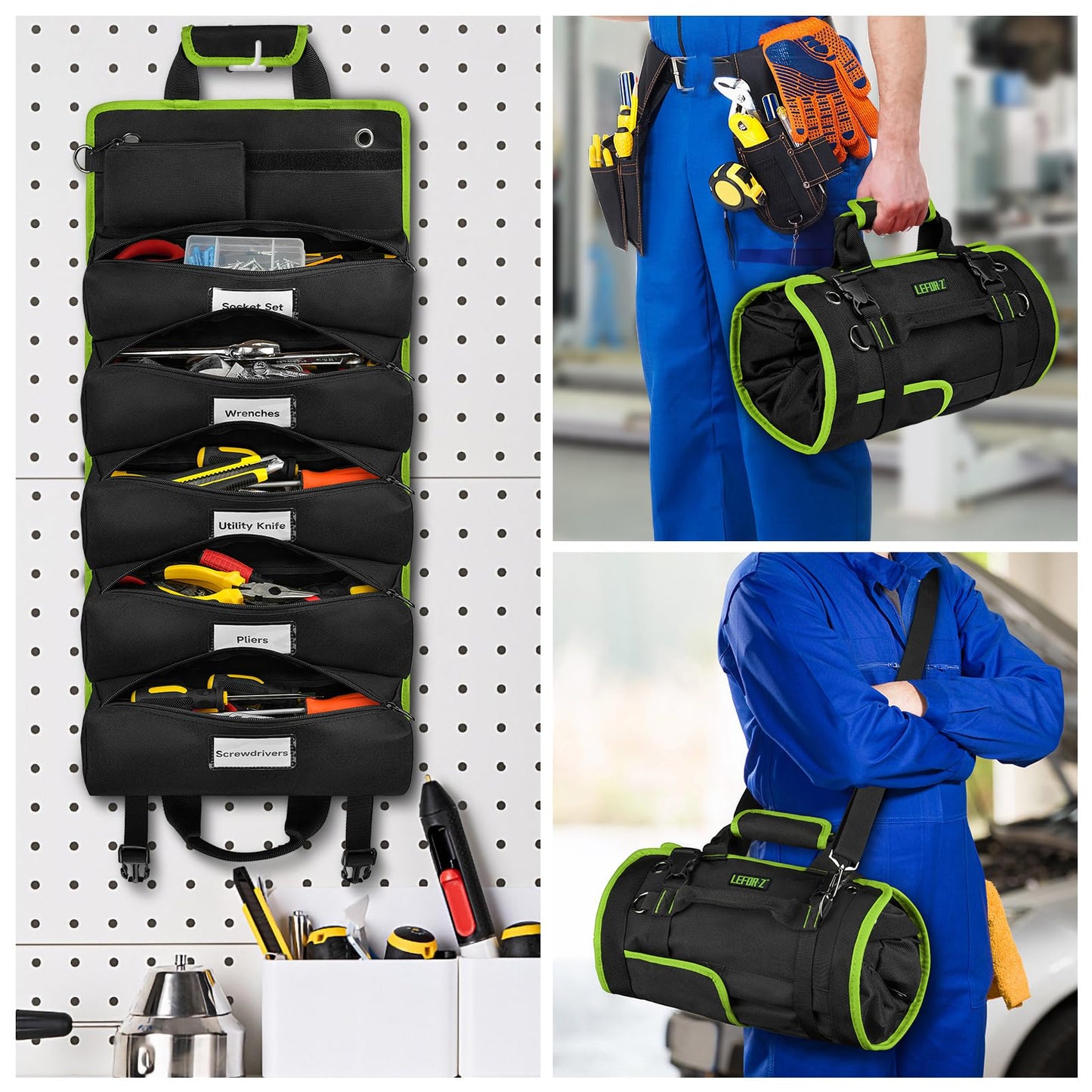 Tool Bag,Large Roll Up Tool Bag Organizer,13 Pockets Tool Roll Storage Pouch,Heavy Duty Portable Tool Storage Carrier Bag for Men,Mechanic,Electrician,Valentines Day Gifts for Men,Black/Green