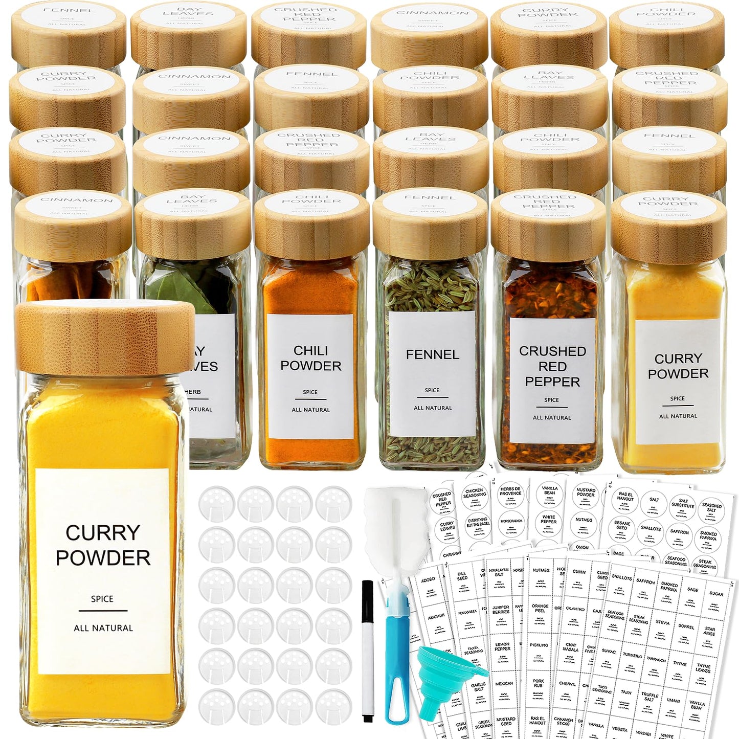 AISIPRIN Glass Spice Jars with 398 Labels, 24 pcs 4oz Spice Containers with Bamboo Lids, Square Spice Bottles With Shaker Lids,Spice Organization for Cabinet,Drawer,Rack,Seasoning Organizer