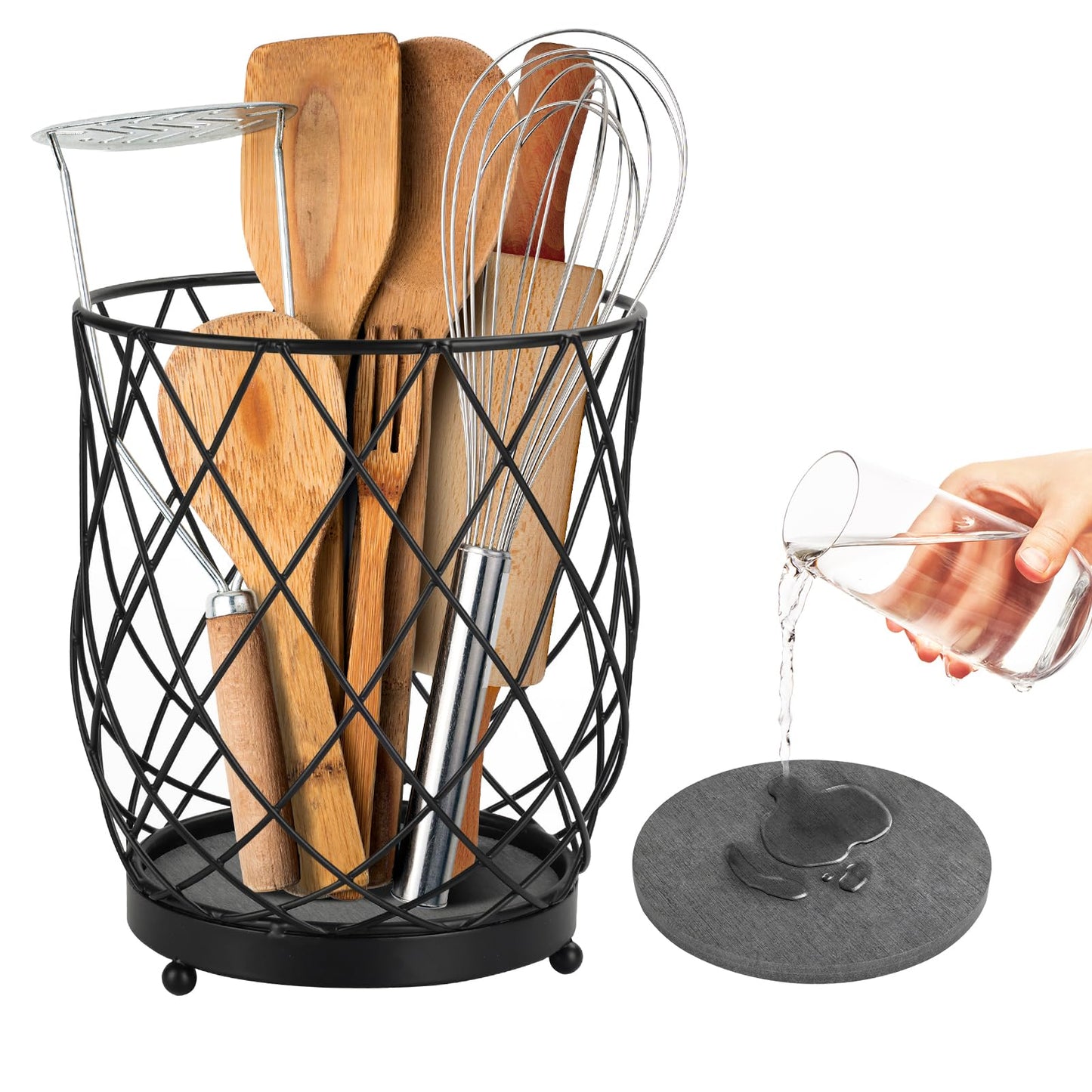 MACEVIA Utensil Holder for Kitchen Counter, Large Black Metal Organizer with Diatomaceous Earth Base, 6.3" x 5" x 7.5", Countertop Storage for Spoons, Spatulas and Cooking Utensils
