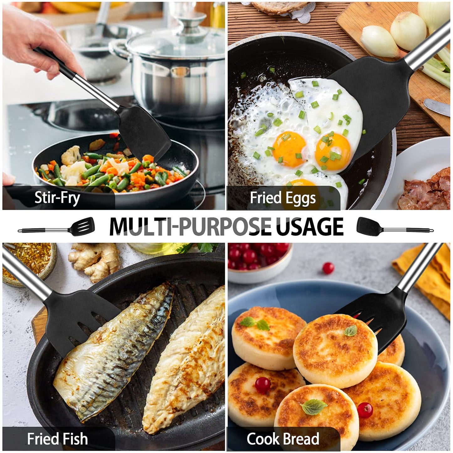 Pack of 4 Large Silicone Cooking Spatulas and Spoons, Slotted and Solid Stainless Steel Cooking Utensils Set, Non-stick Heat Resistant Kitchen for Baking, Fried, Stir-Fry, Mixing, Serving (Black)