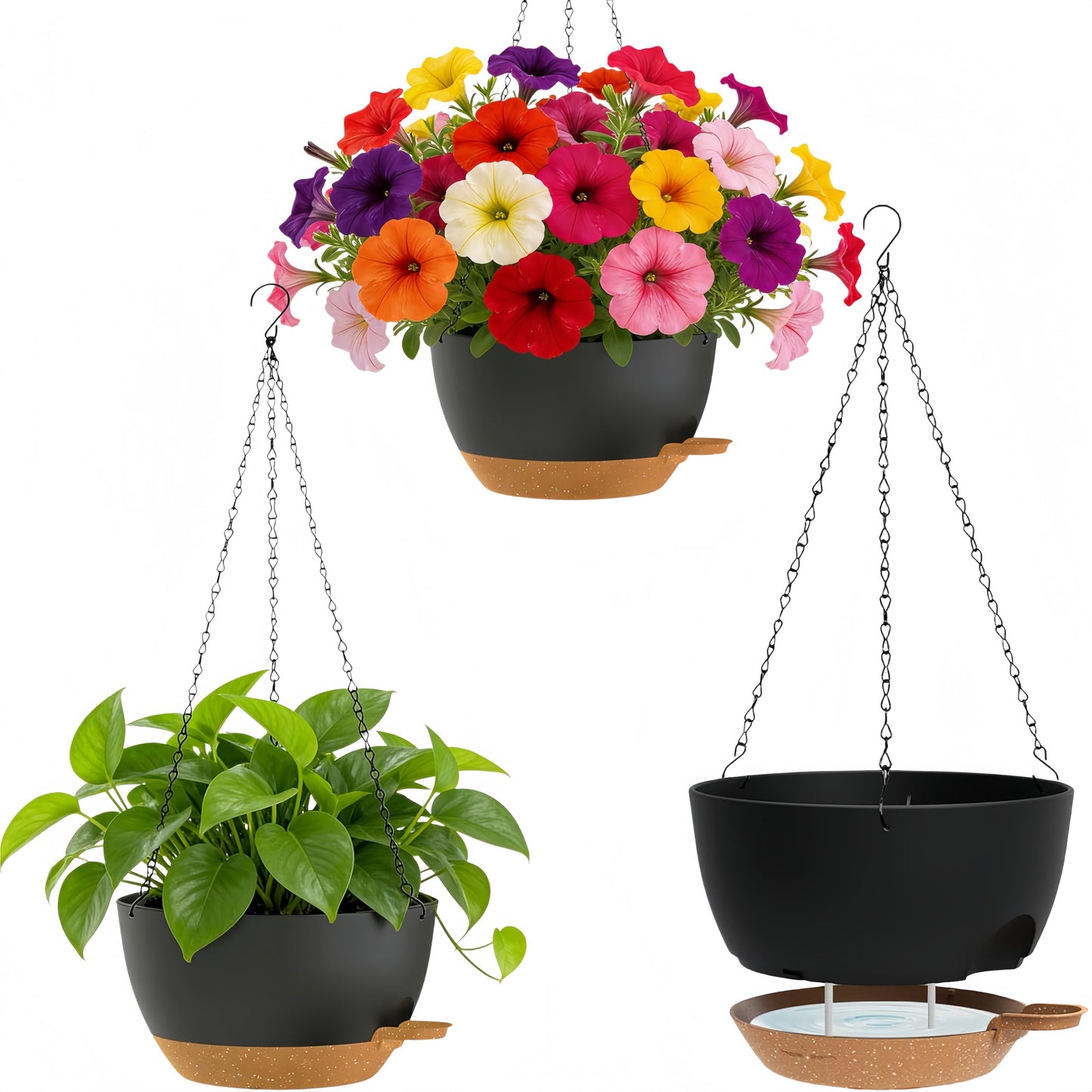 TESSTSY 3 Pack Hanging Planters for Indoor Outdoor Plants, 10 Inch Self Watering Hanging Pots for Plants, Plastic Hanging Flower Baskets for Plants Hanger with Drainage and Tray, Chain (Black Brown)