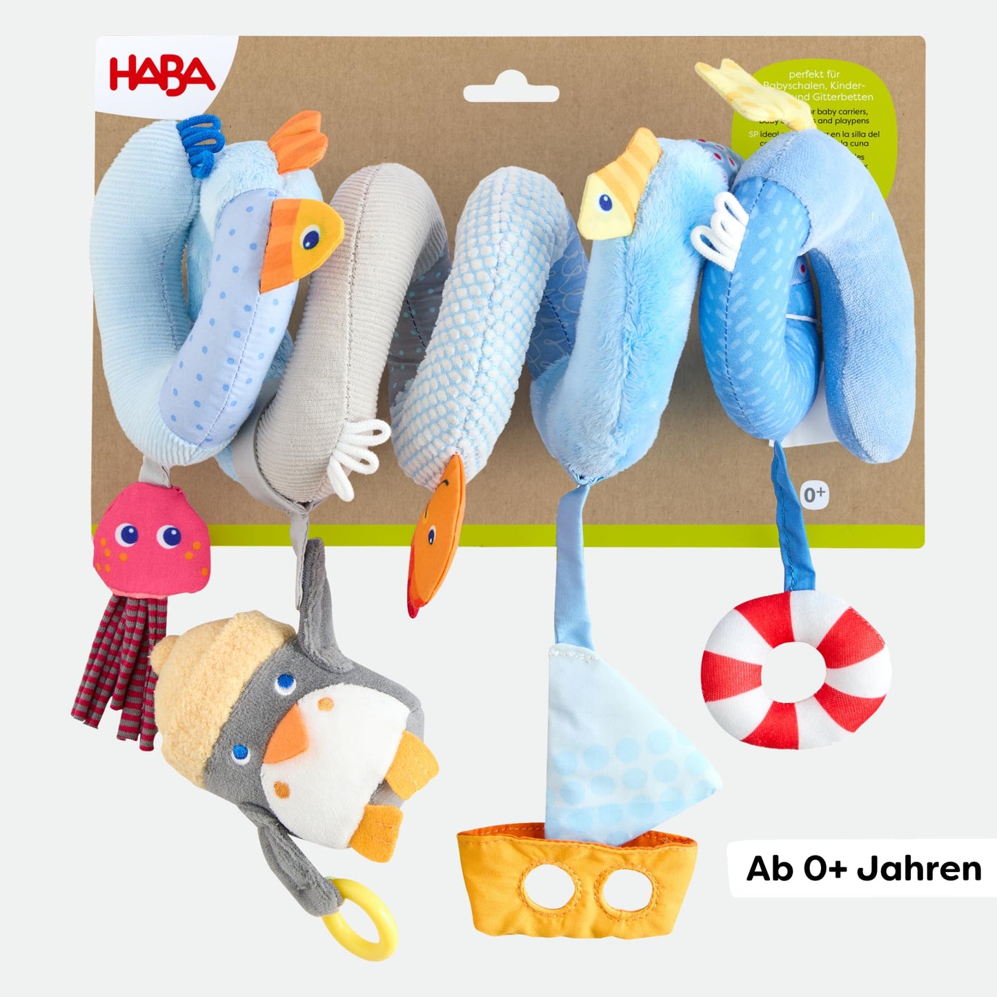 HABA Penguin Activity Spiral Car Seat Toy & Stroller Toy for Babies 0-18 Months, Soft Plush Baby Travel Gear with Crinkle, Rattle & Detachable Penguin