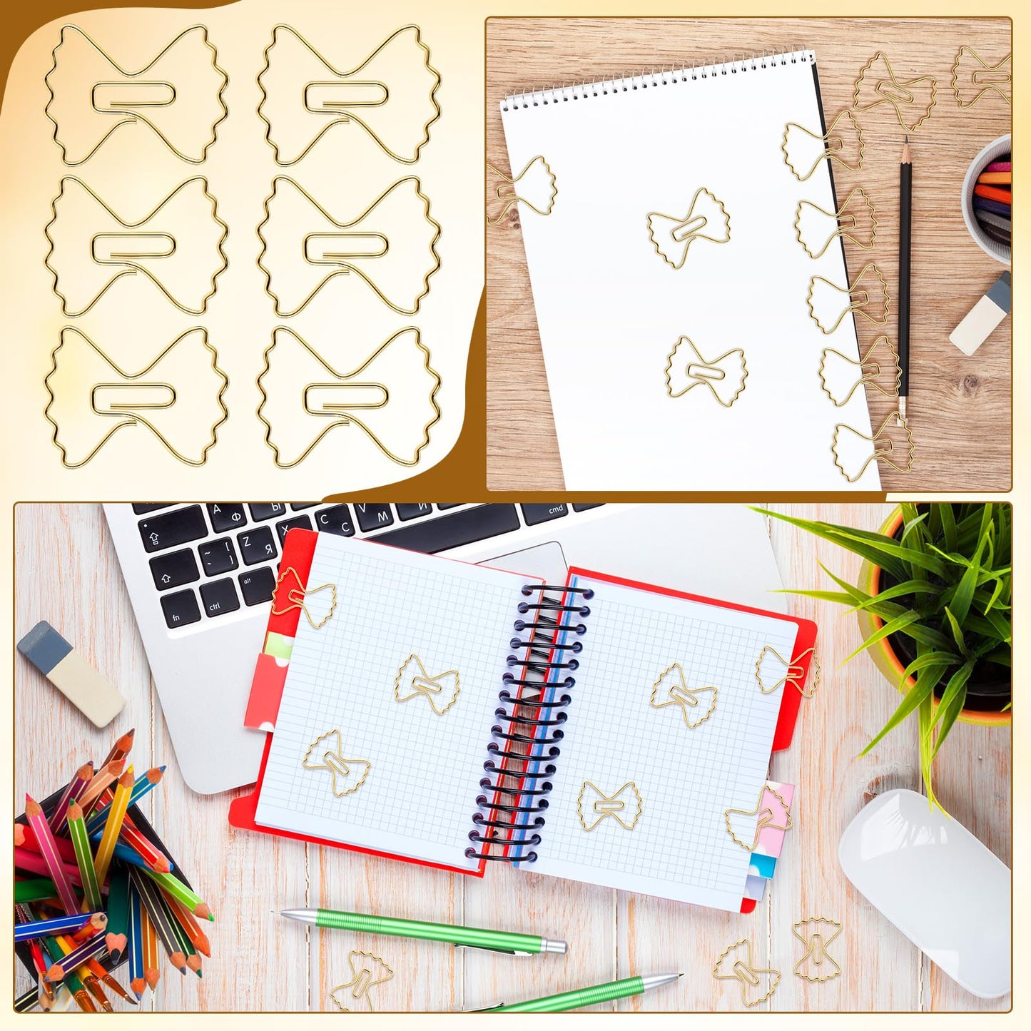 Jetec 100 Pcs Pasta Paper Clip Mini Bow Shaped Stainless Steel Cute Bowknot Paperclips Gold Metal Fancy Decorative Bookmark Bulk for Office Stationery School Document Note Sorting Wedding Baby Shower