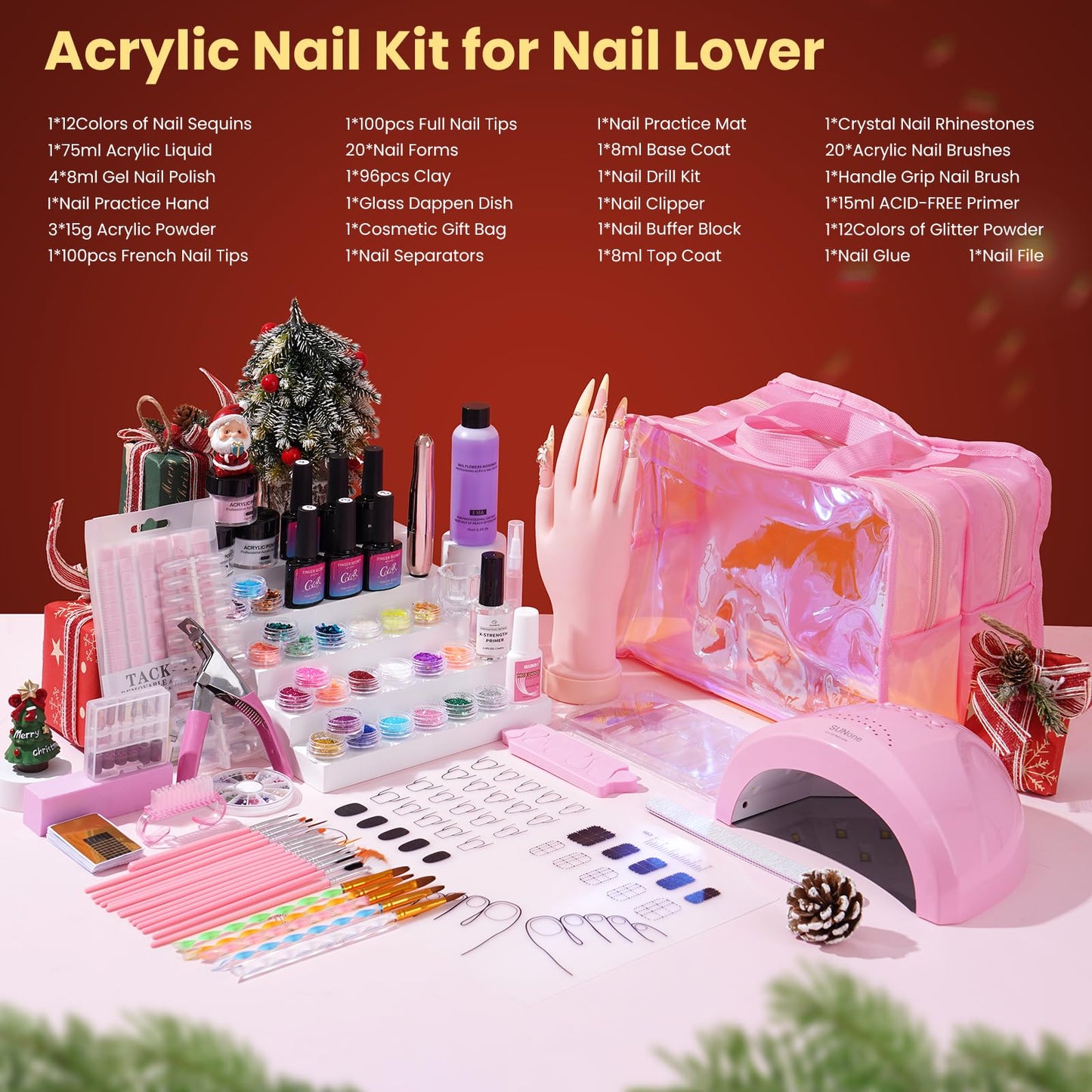 Nail Kit for Beginners with Everything: Practice Hand Acrylic Nail Kits Professional U/V Lamp Powder Drill Liquid Starter Set with Gel Polish in Cosmetic Gift Bag for Women Salon Home(Holo Pink)