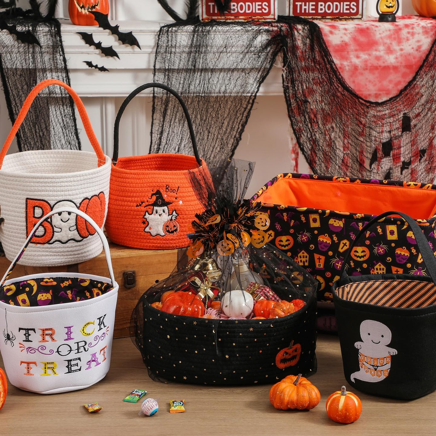 Halloween Basket Gift Baskets Empty with Decor Ribbons, Woven Rope Pumpkin Candy Baskets with Festive Tulle Bag Set for Halloween Party Supplies Favors, Toy Storage Basket for Baby and Pet 14.2" L x 9.8" W x 5.1" H