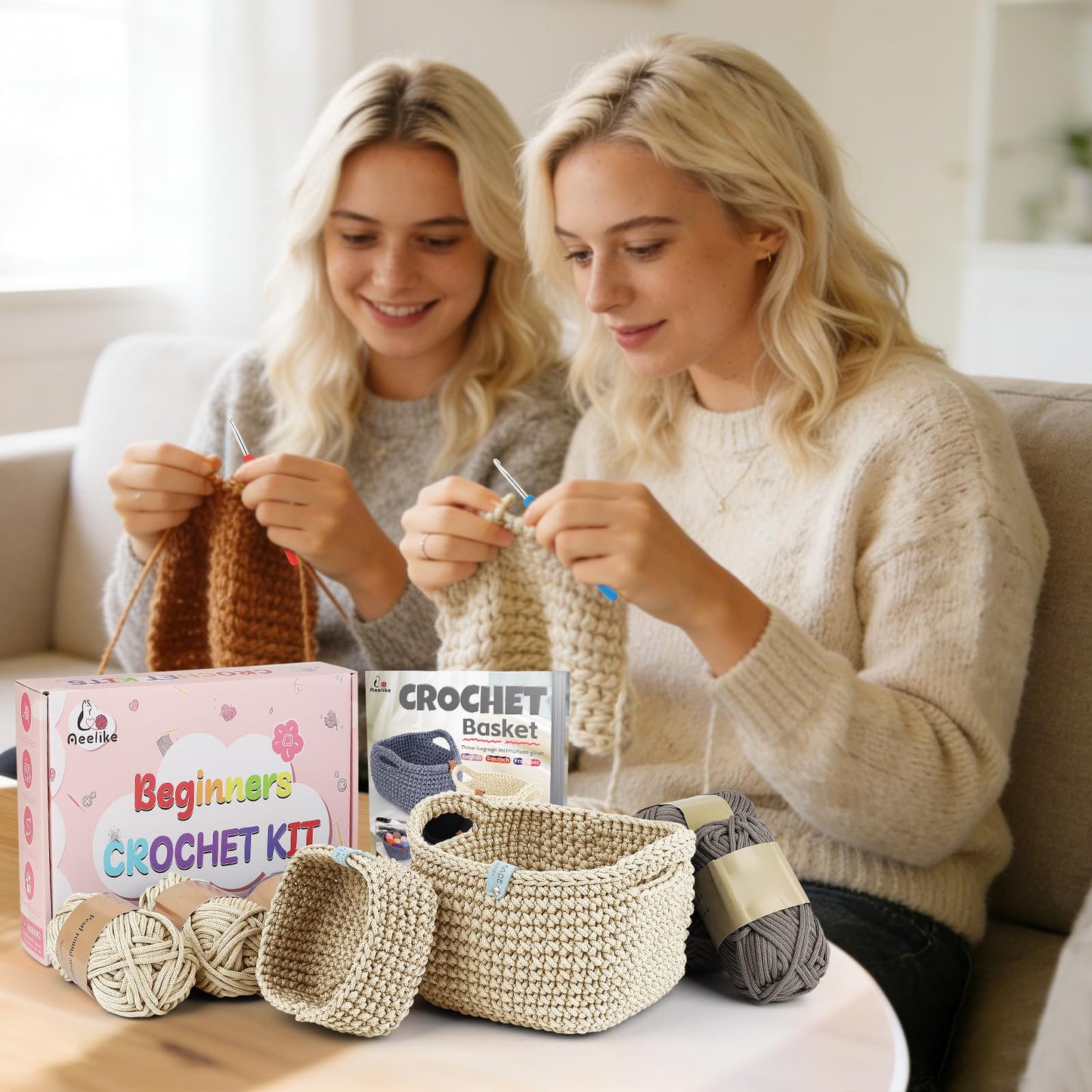 27PCS Crochet Basket Kit for Beginners (L&S), Complete Crocheting Basket for Storage, Knitting Starter Set with Instruction , Beginner Crochet Kit for Adults, Crocheting Gift for Home Decor Family