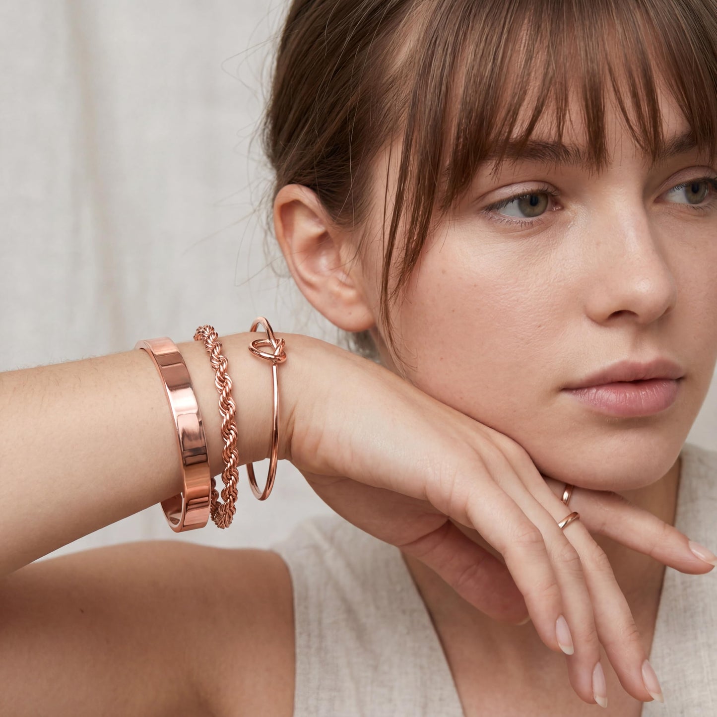 Poxtex Rose Gold Bangle Bracelets Stack for Women, Rose Gold Cuff Link Chain Bracelets Set, Trendy Waterproof Jewelry Gifts Adjustable