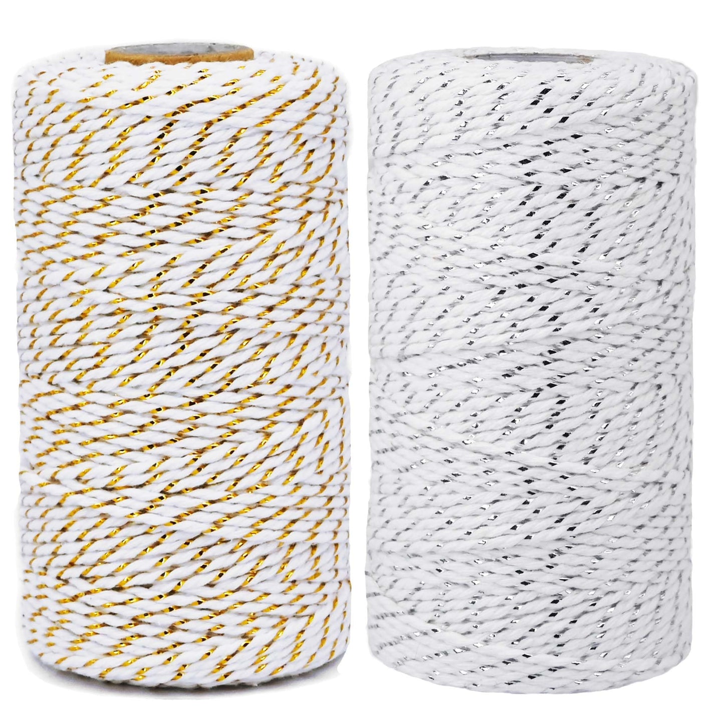 Cotton Twine,2 Rolls,656 Feet in Total,Gold&White and Silver&White,for Gift Wrapping DIY Crafts Wedding Decor