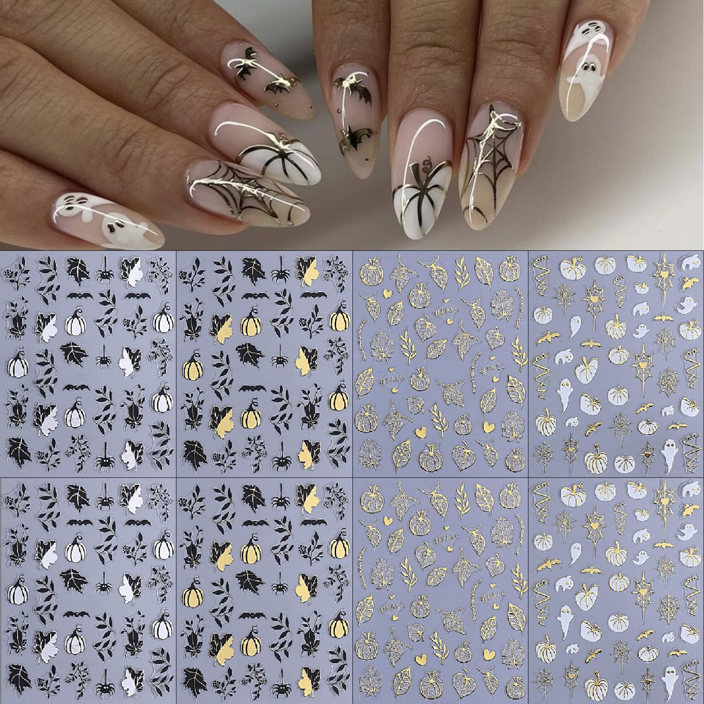8 Sheets Halloween Nail Stickers 3D Self-Adhesive Glitter Pumpkin Ghost Black Leaf Nail Decals Gold Silver Pumpkin Spider Web Bat Design Nail Stickers for Halloween Party DIY Manicure Kit Decoration