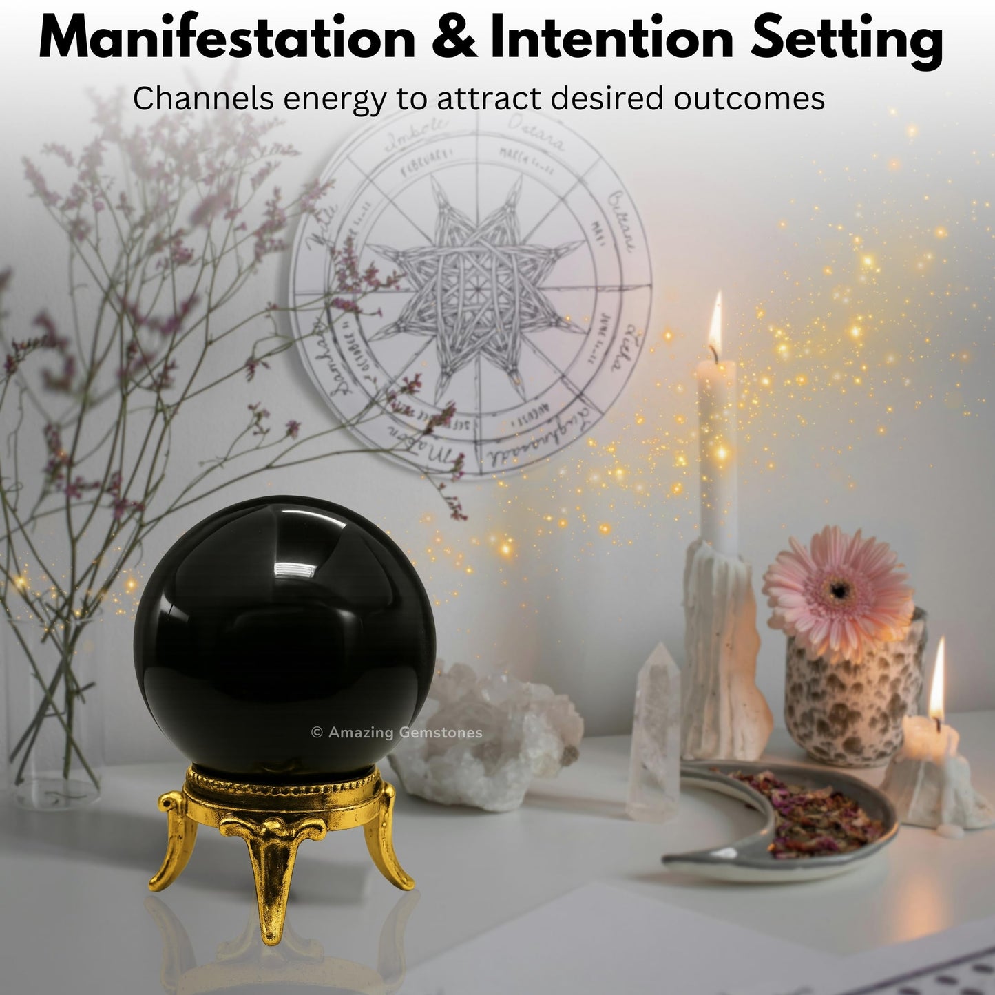 Amazing Gemstone Black Agate Crystal Ball with Stand - 2" Inches Crystal Sphere Meditation Balls for Witchcraft and Decorative Balls
