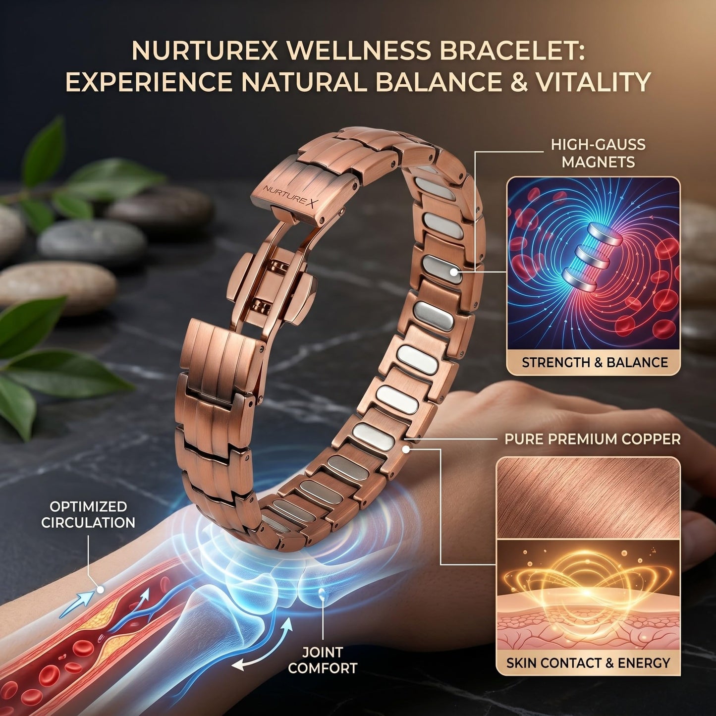 NurtureX Therapeutic Pure Copper Magnetic Bracelet for Men and Women, 5K Gauss Adjustable Magnet Therapy Bracelet with Fold Over Clasp, Includes Sizing Tool, Extra Link Pins, Cleaning Cloth, Best Gift for Men & Women - (BioFlow)
