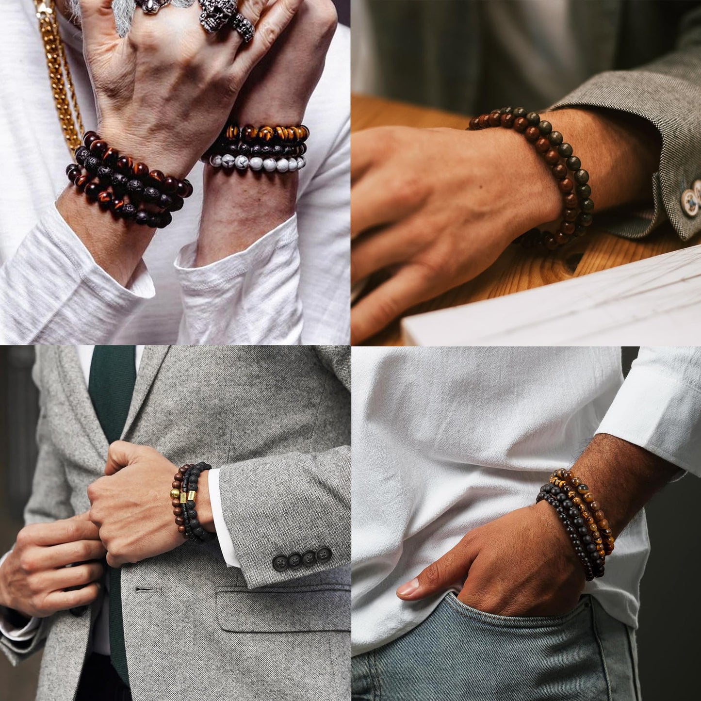 LOWNOUR Mens Bead Bracelet Adjustable Elastic Rope With 6&8MM Natural Stone Tiger Eye Bracelets for Men Gift 4pcs (Beaded Bracelets)