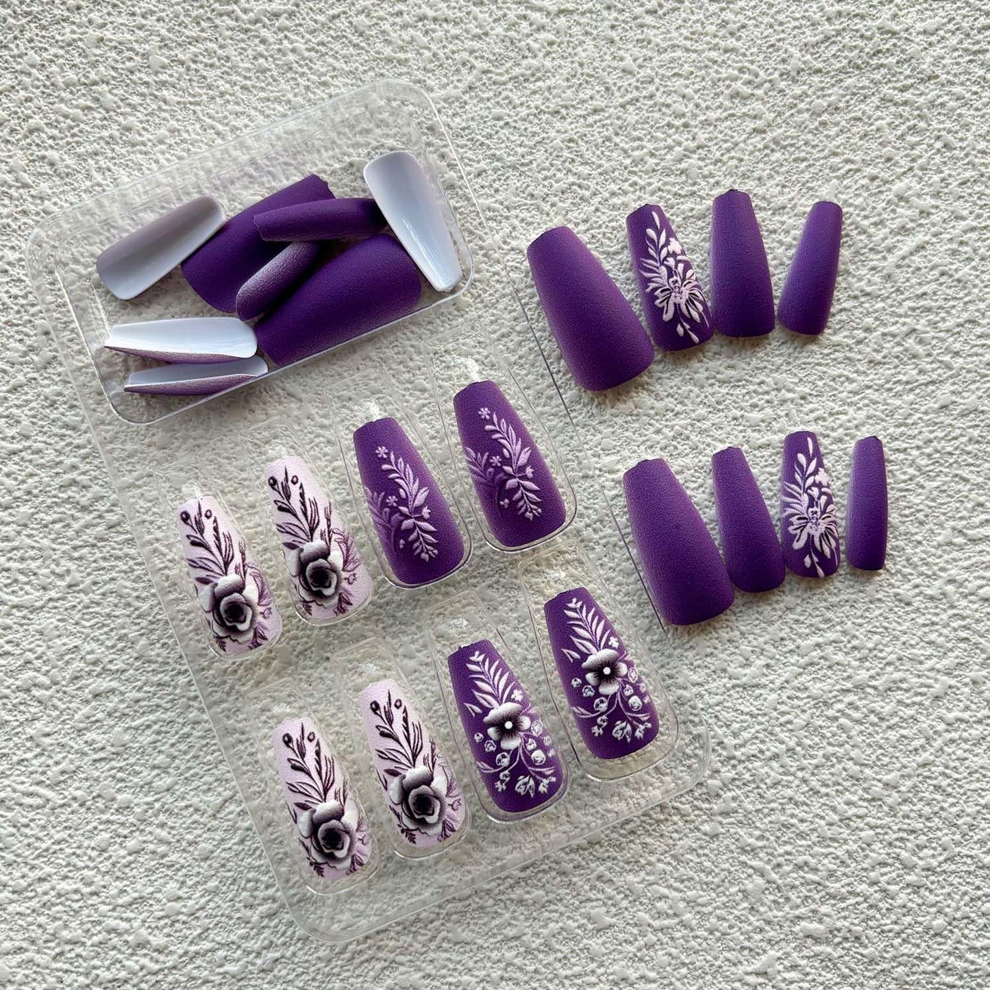 Medium Press On Nails Coffin Fake Nails Flower With Leaf Design Purple False Nails Full Cover Artificial Glue On Nail Full Cover Matte Acrylic Stick On Nail For Women Spring Nails 24pcs