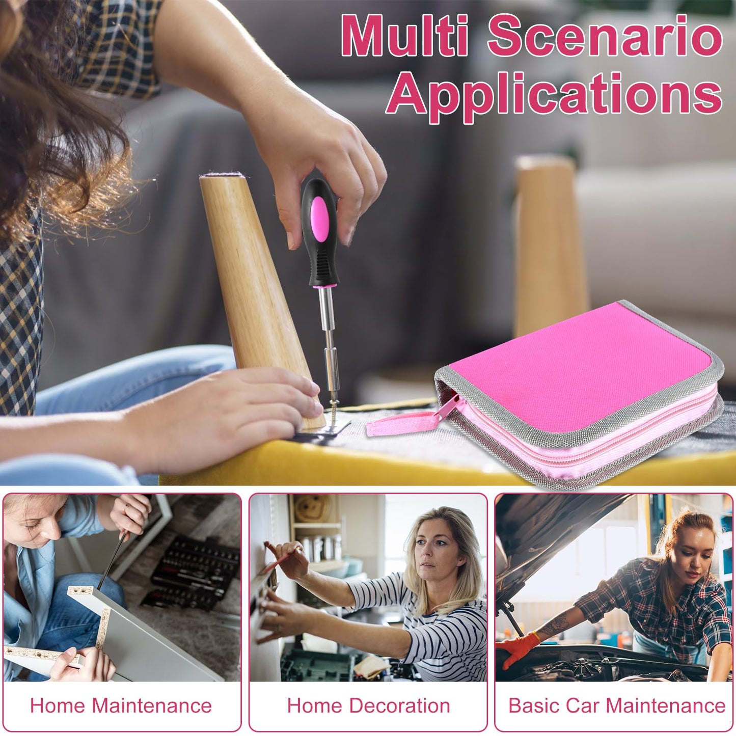 23Pcs Pink Tool Set for Women, Home Repairing Tools Kit Women, Multifunctional Pink Home Hand Tool Set with Storage Bag, Portable Women Repair Tool Combination Set