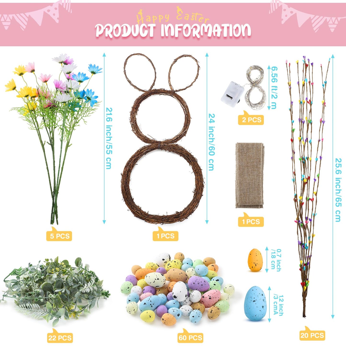 Hotop 111 Pcs Easter Wreath DIY Decorations Kits Included 24 Inch Bunny Shaped Grapevine Wreath Artificial Flowers Eggs Leaves Berry and Vines for Easter DIY Crafts Front Door Wall Decor