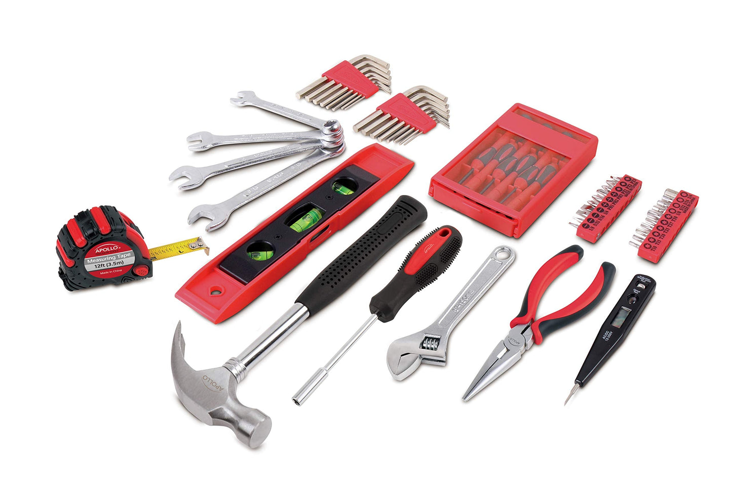 Apollo Tools 53 Piece Household Tool Set Includes Tools and Tool Box with a Selection of Most Needed Tools for Basic DIY Repairs, Maintenance and Crafts - Red