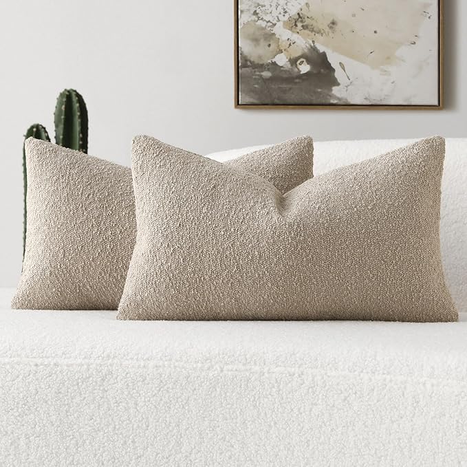 FUTEI Pack of 2 Oatmeal Decorative Throw Pillow Covers 12x20 Inch Soft Cozy Solid Boucle Textured Lumbar Pillow Cases,Modern Home Decor for Couch Bed Living Room