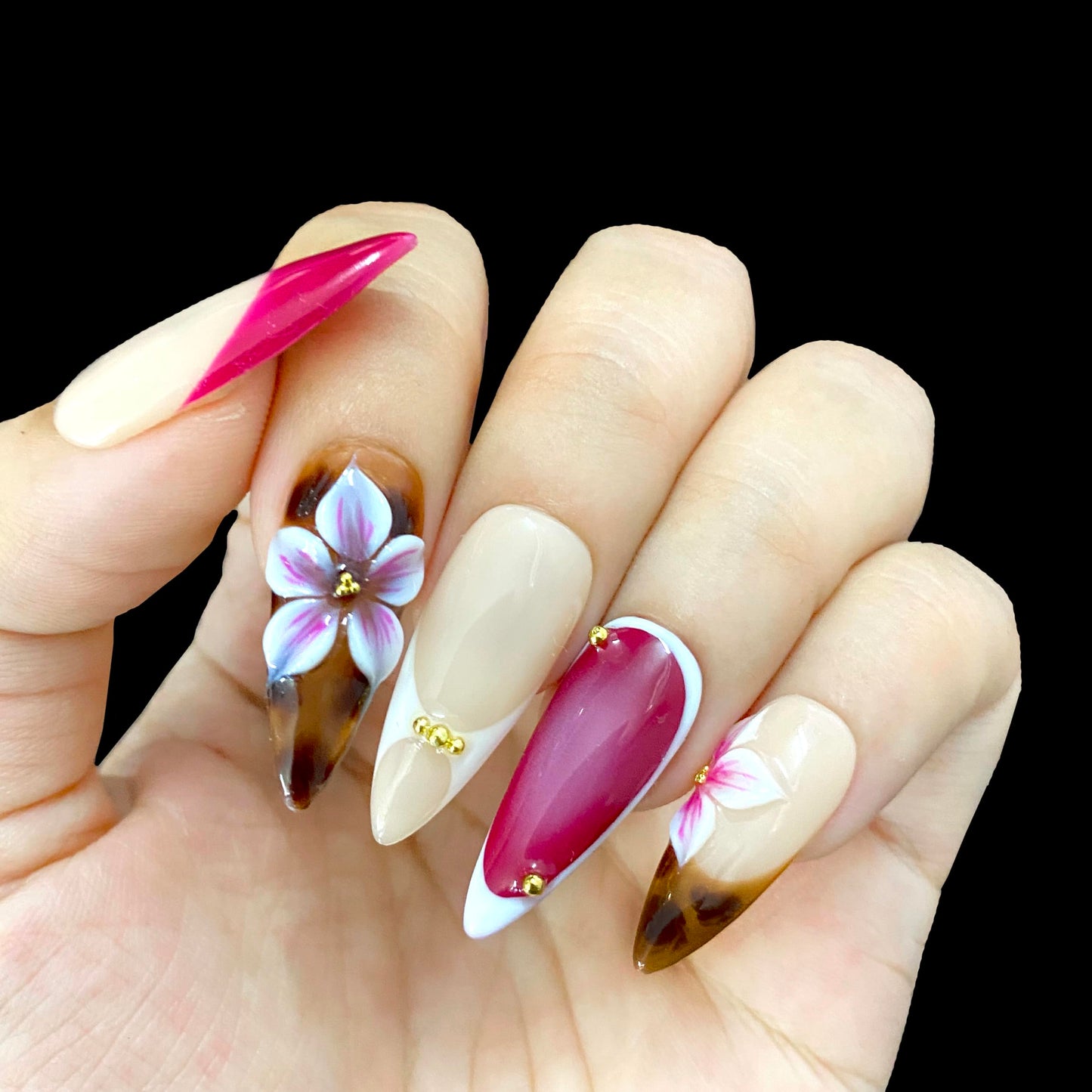 DreamRunNails Handmade Press on Nails, Medium Oval Shape with 3D Rhinestone and Hand Painted Floral Design, Reusable Acrylic Fake Nails, Pink Brown Nude