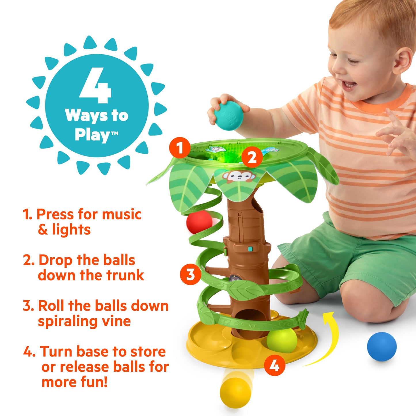 Bright Starts Tropical Twirl Ball Play Toy with Lights & Music, 5 Balls Included, Unisex, 6 Months+