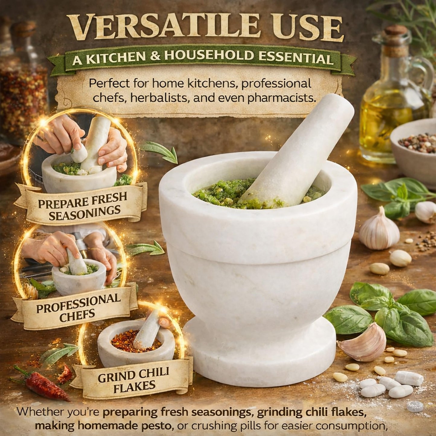 Creative Home Handcrafted 4 inch Mortar and Pestle Solid Marble Grinder for Spices and Herbs Artisan Carved from Yushan Marble Elegant and Durable for Everyday Cooking, 4 Diam. x 4 H Inch