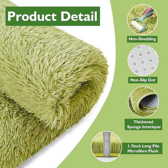 9x12 Fluffy Area Rugs for Living Room,Large Fuzzy Shag Area Rug for Bedroom,Grass Green Soft Non-Shedding Indoor Plush Carpet for Kids Bedroom Nursery Home Decor