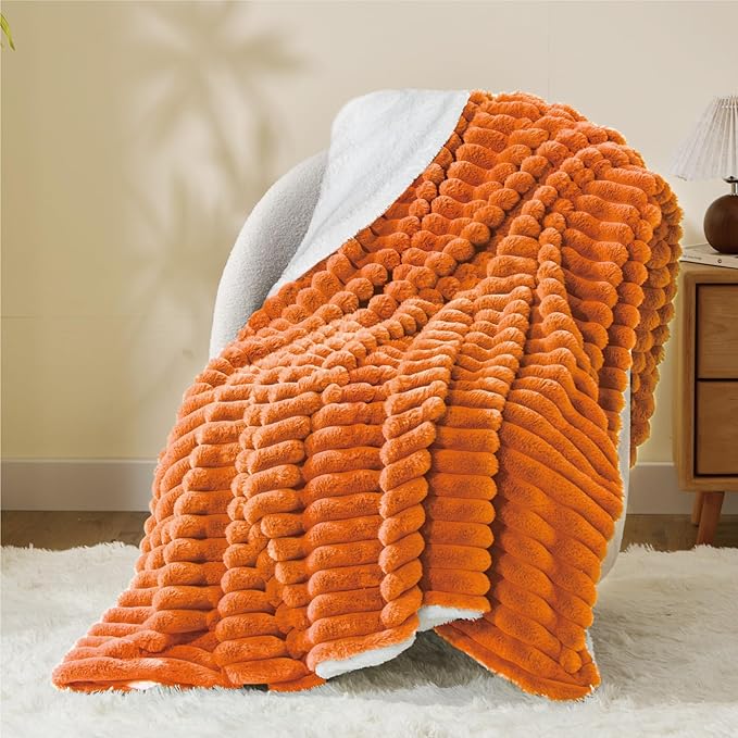 INFIIXSO Sherpa Throw Blanket for Couch - Super Soft & Warm Striped Fleece Blanket, Cozy Plush Fluffy Blanket All Season Use (Burnt Orange, 50x60 Inches)