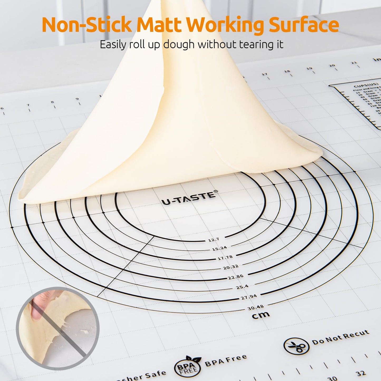 U-Taste 28"x20" Large Pastry Mat: Food-Grade Liquid Silicone Dough Rolling Baking Sheet, Non-Stick Non-Slip for Kneading, Making Pizza, Fondant with Clear Measurement and Raised Edges (Transparent)