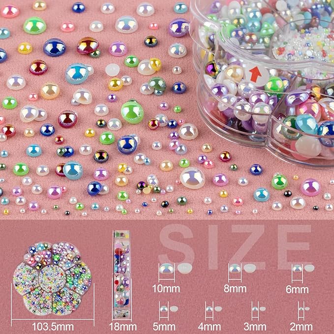 Nail Art Flat Back Half Round Pearl Kits 37, 1 Box of 6000 Pcs Flat-Back Colorful AB with Tweezer and Picker Pencil for Home DIY Nails Body Face Craft and Salon Use